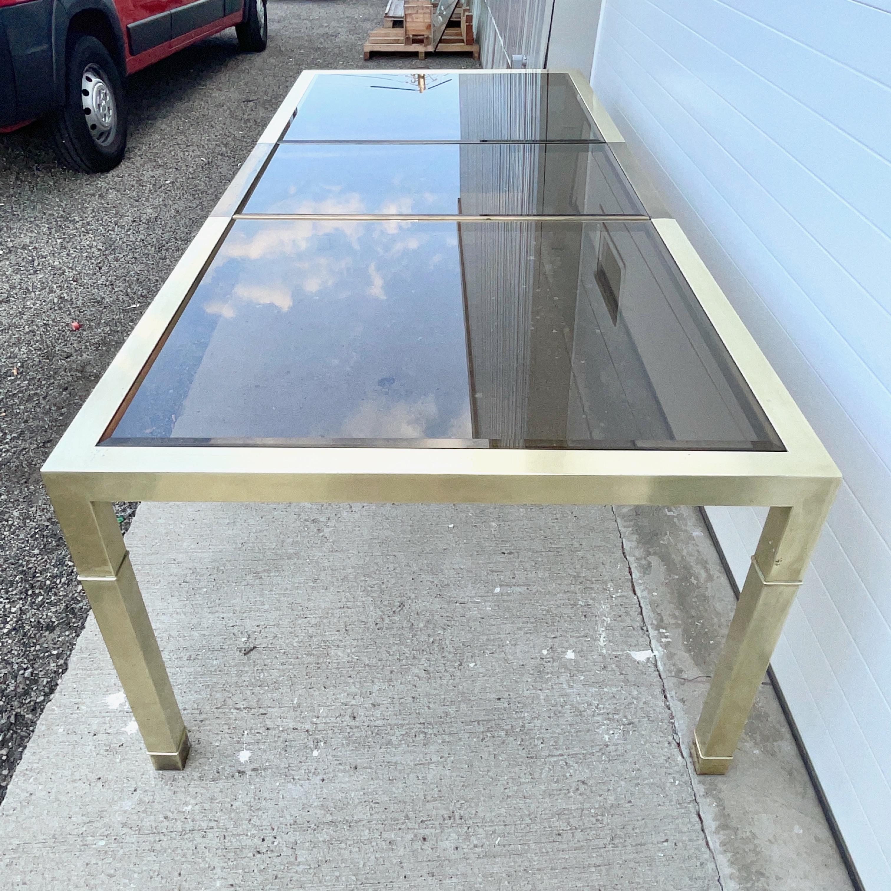 Mastercraft Brass & Bronze Tinted Glass Extending Parsons Dining Table For Sale 3