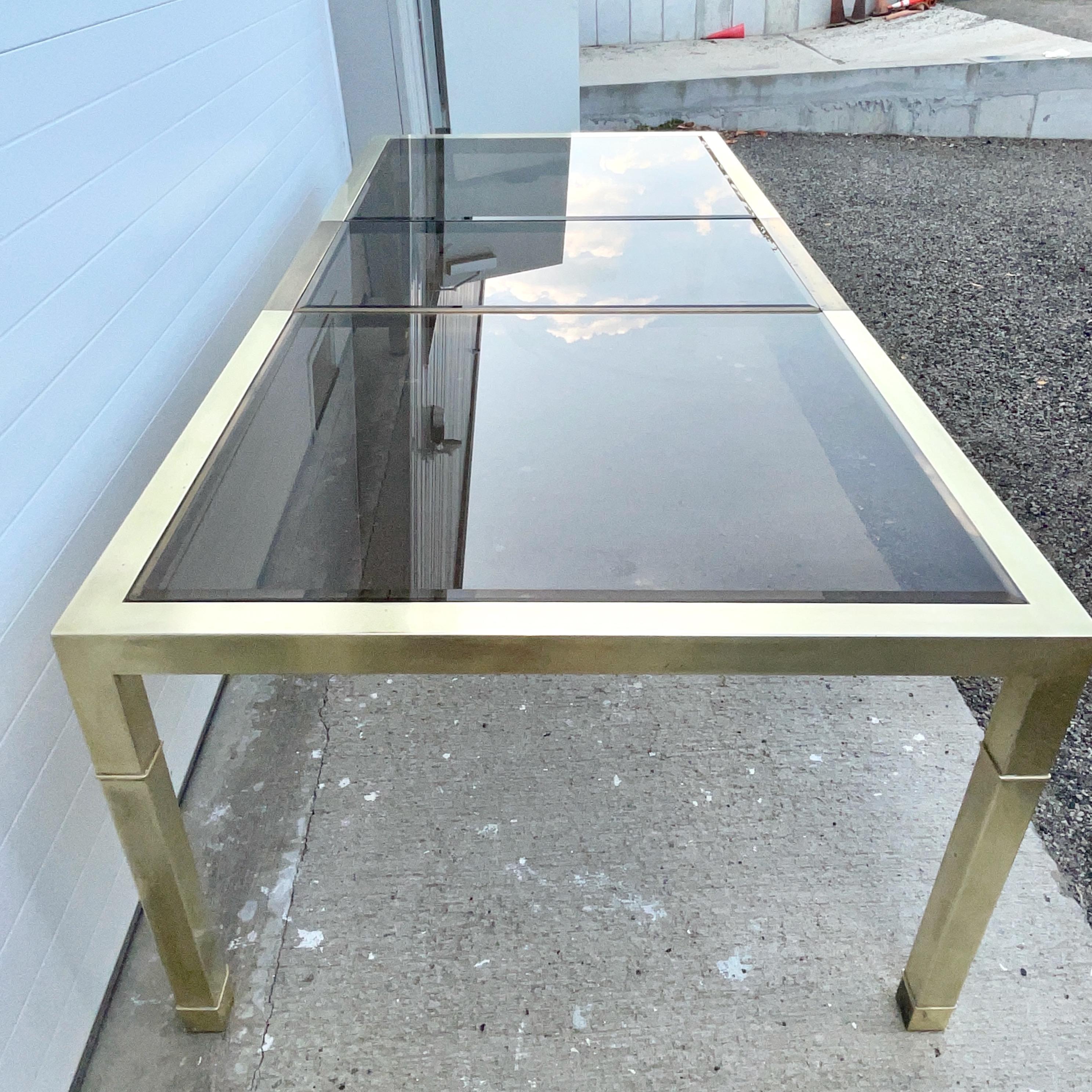 Mastercraft Brass & Bronze Tinted Glass Extending Parsons Dining Table For Sale 4