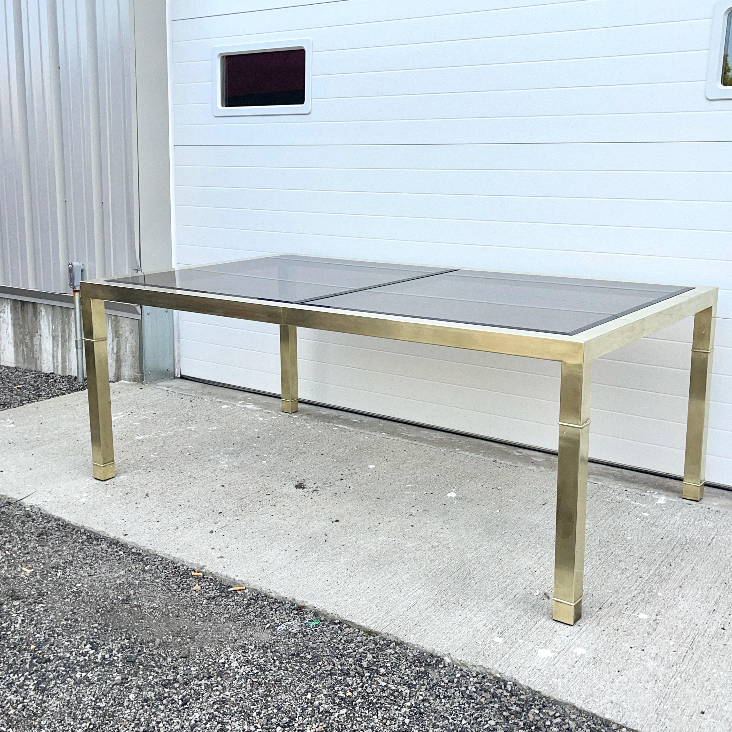 Mastercraft Brass & Bronze Tinted Glass Extending Parsons Dining Table For Sale 7
