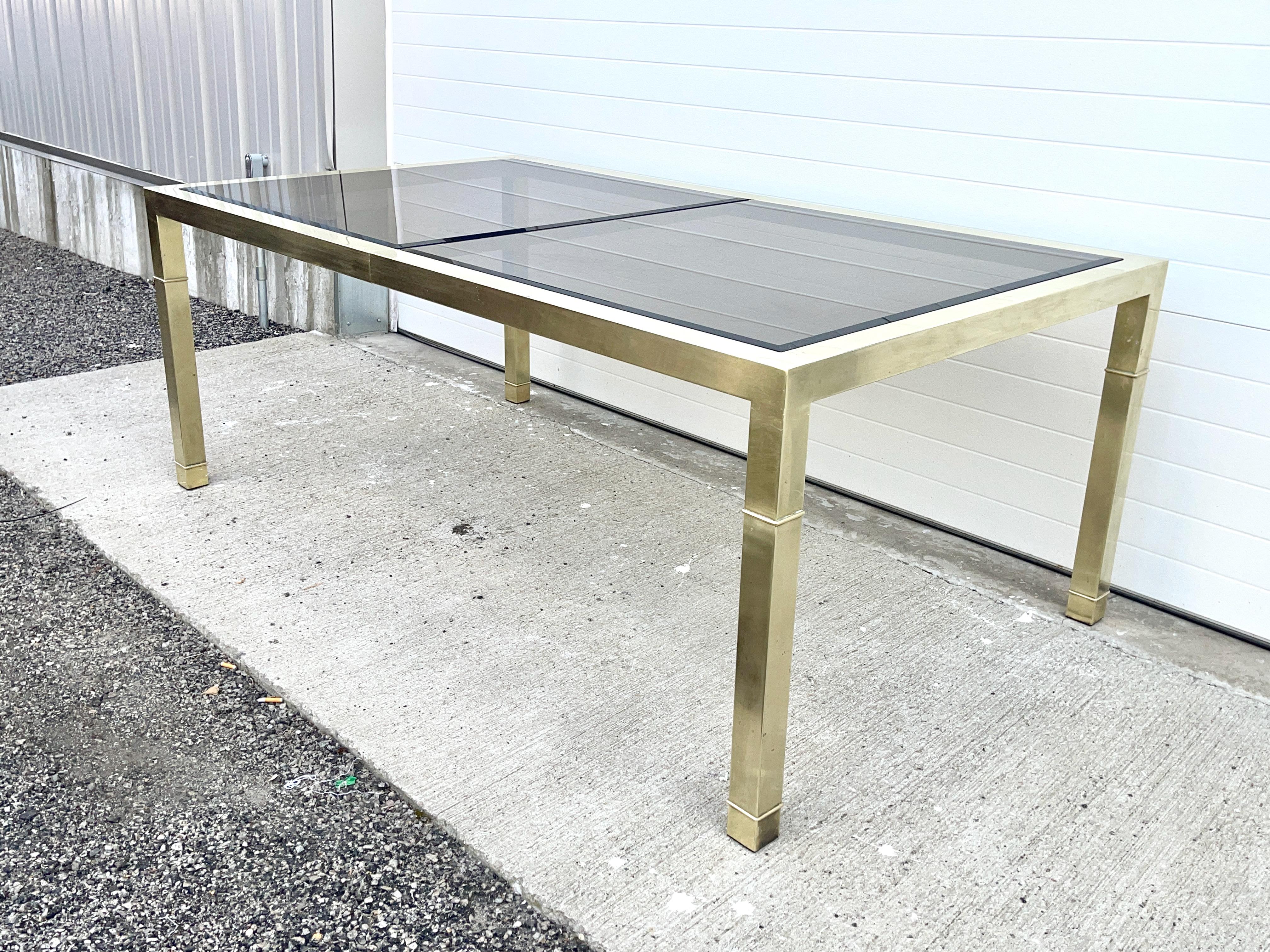 Mid-Century Modern Mastercraft Brass & Bronze Tinted Glass Extending Parsons Dining Table For Sale