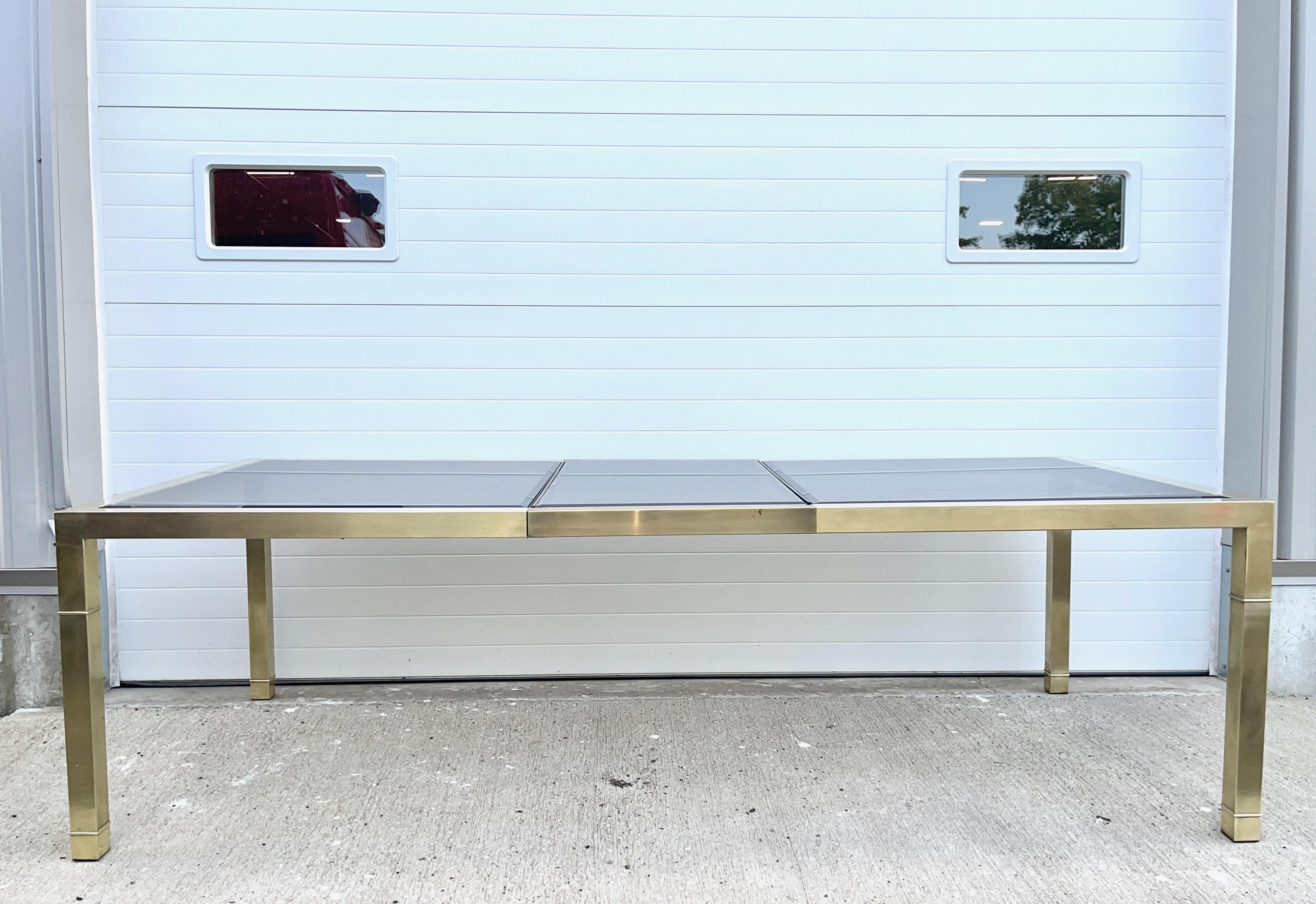 Beveled Mastercraft Brass & Bronze Tinted Glass Extending Parsons Dining Table For Sale