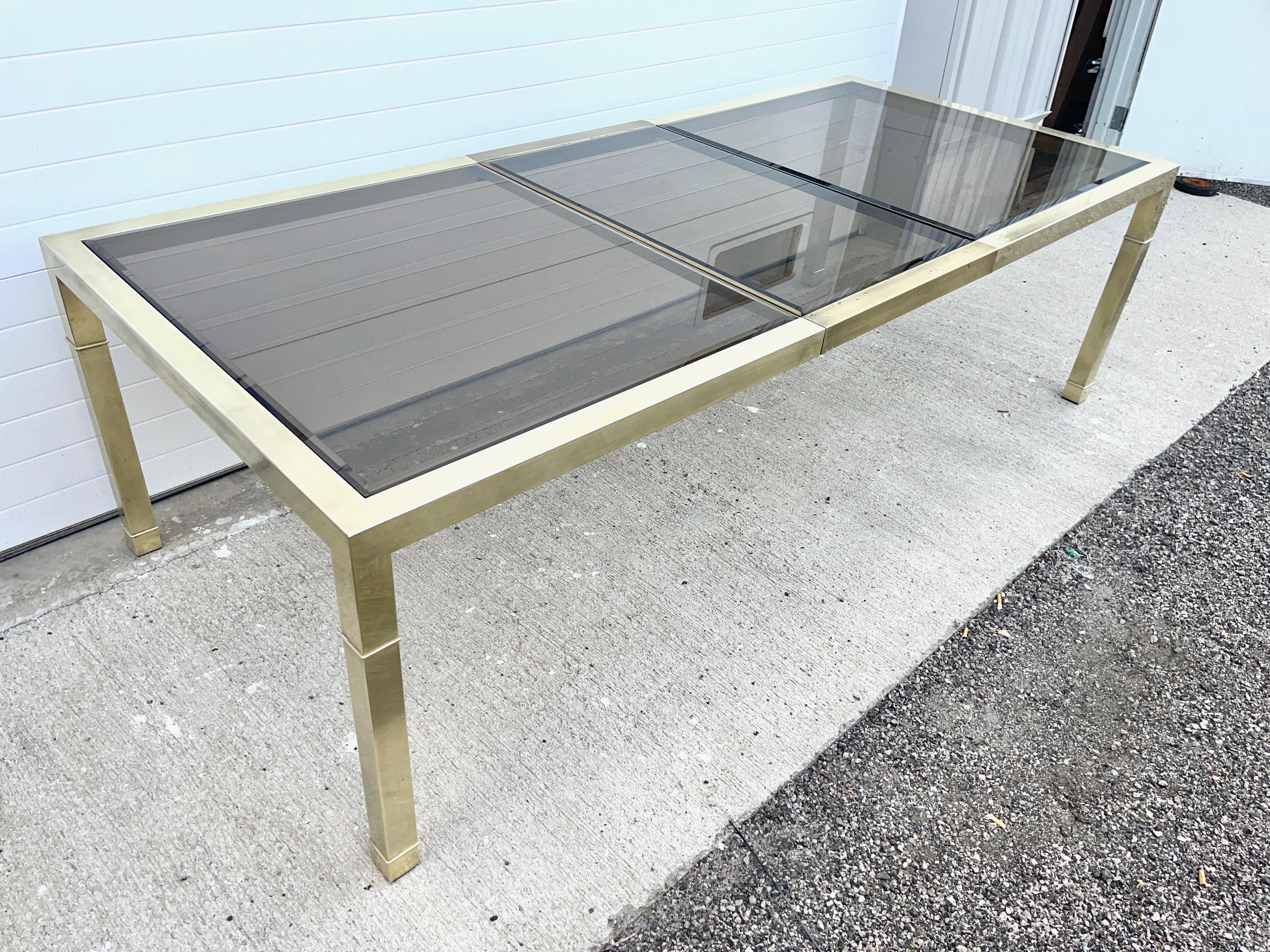 Late 20th Century Mastercraft Brass & Bronze Tinted Glass Extending Parsons Dining Table For Sale