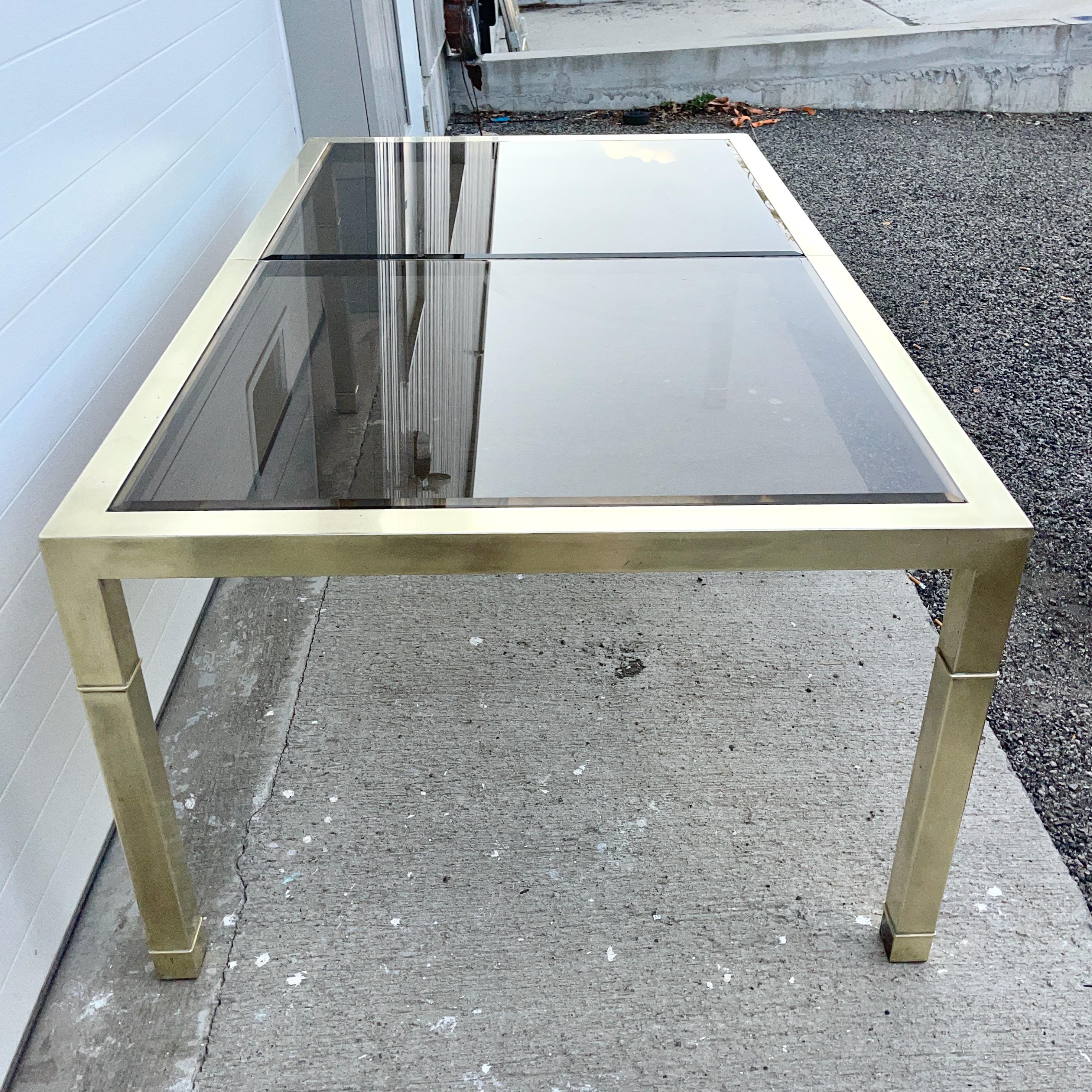 Mastercraft Brass & Bronze Tinted Glass Extending Parsons Dining Table For Sale 1