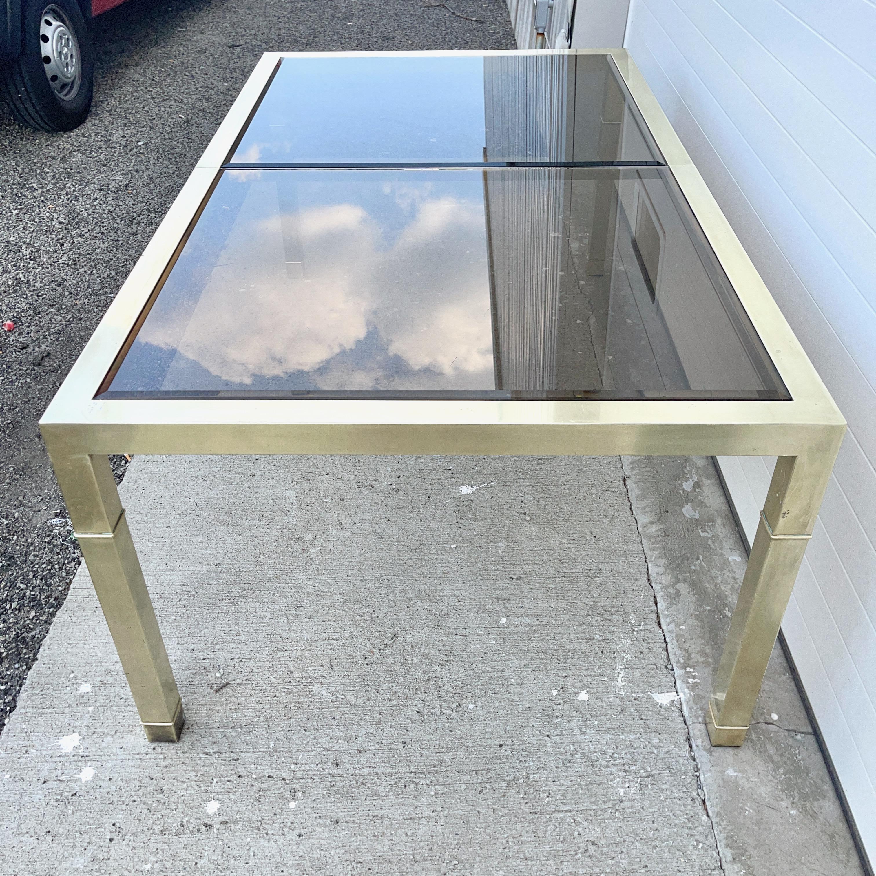 Mastercraft Brass & Bronze Tinted Glass Extending Parsons Dining Table For Sale 2
