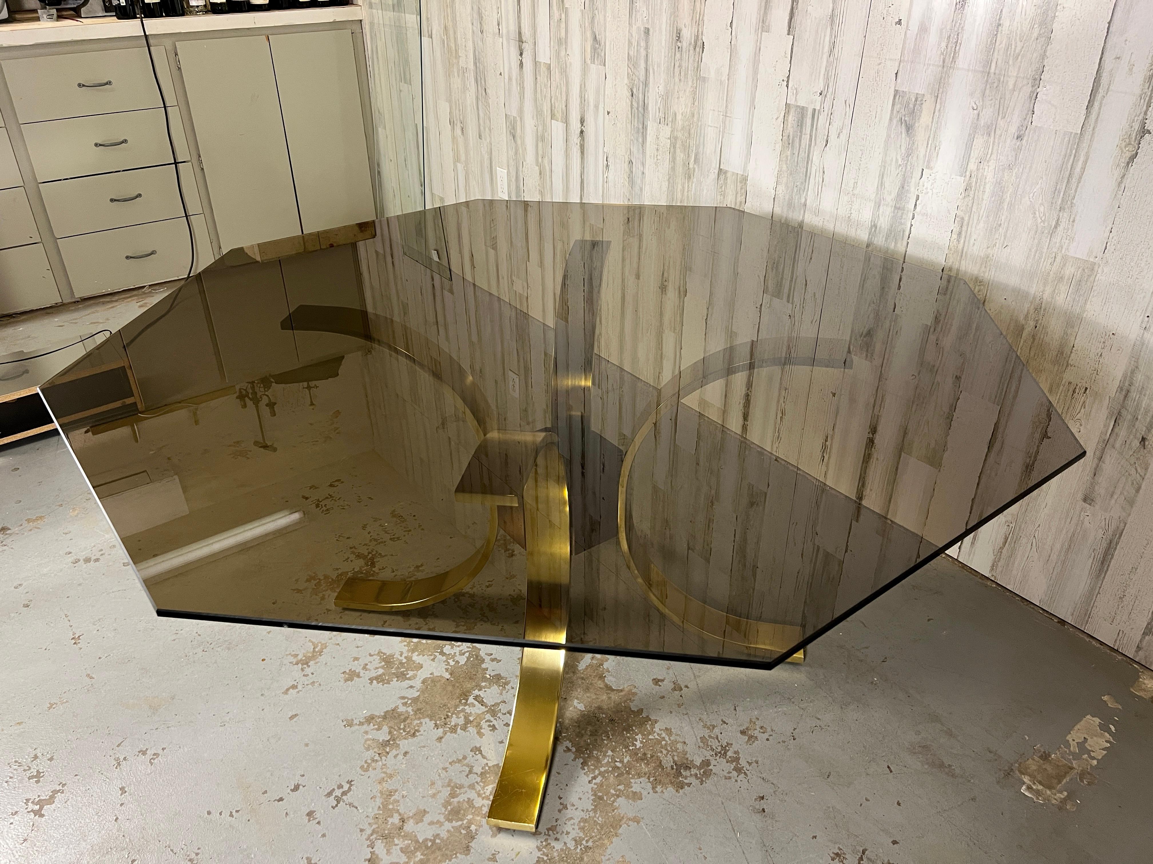 Mastercraft Brass, Burl, & Smoked Glass Dining Table For Sale 11