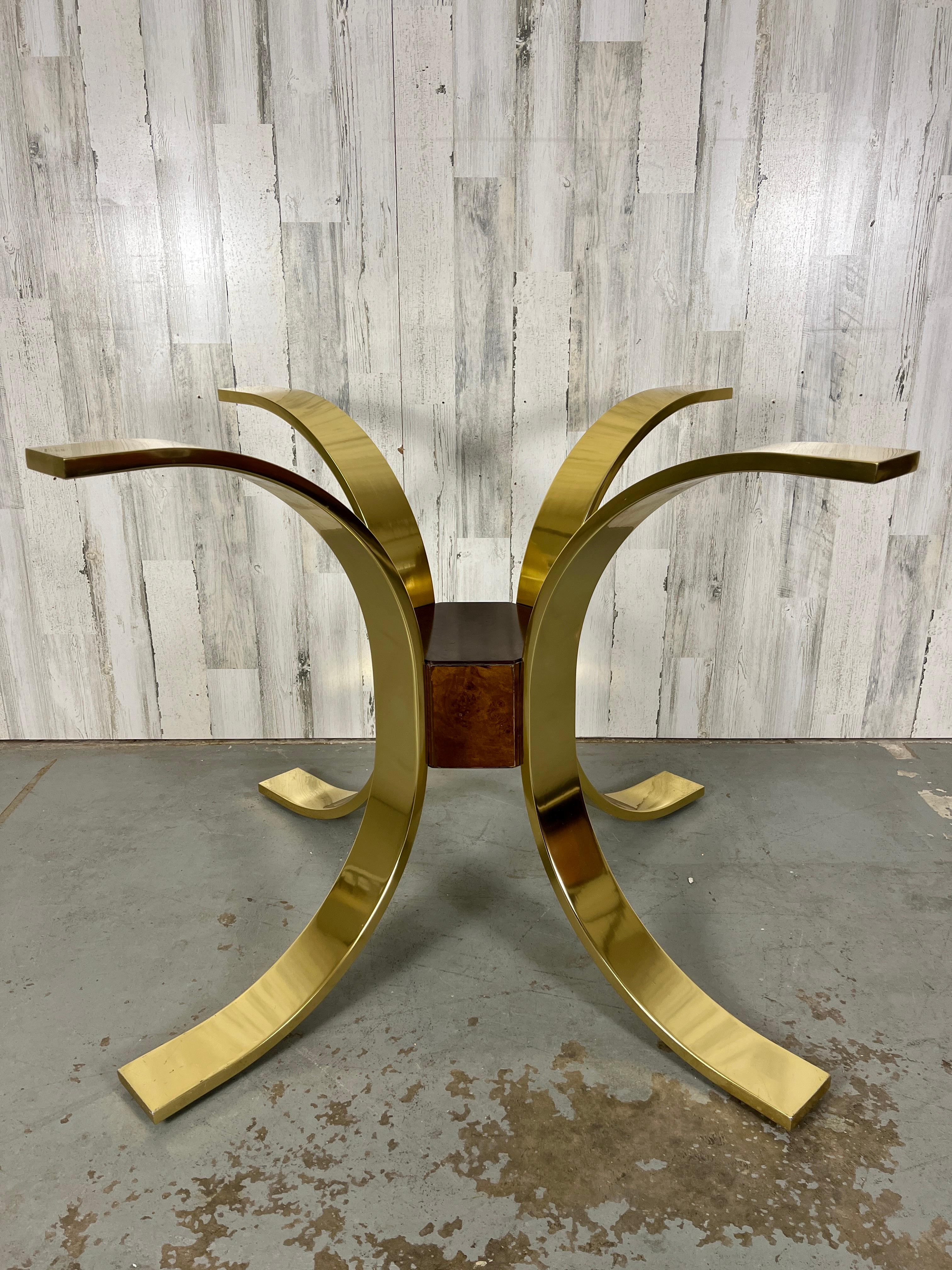 Modern Mastercraft Brass, Burl, & Smoked Glass Dining Table For Sale