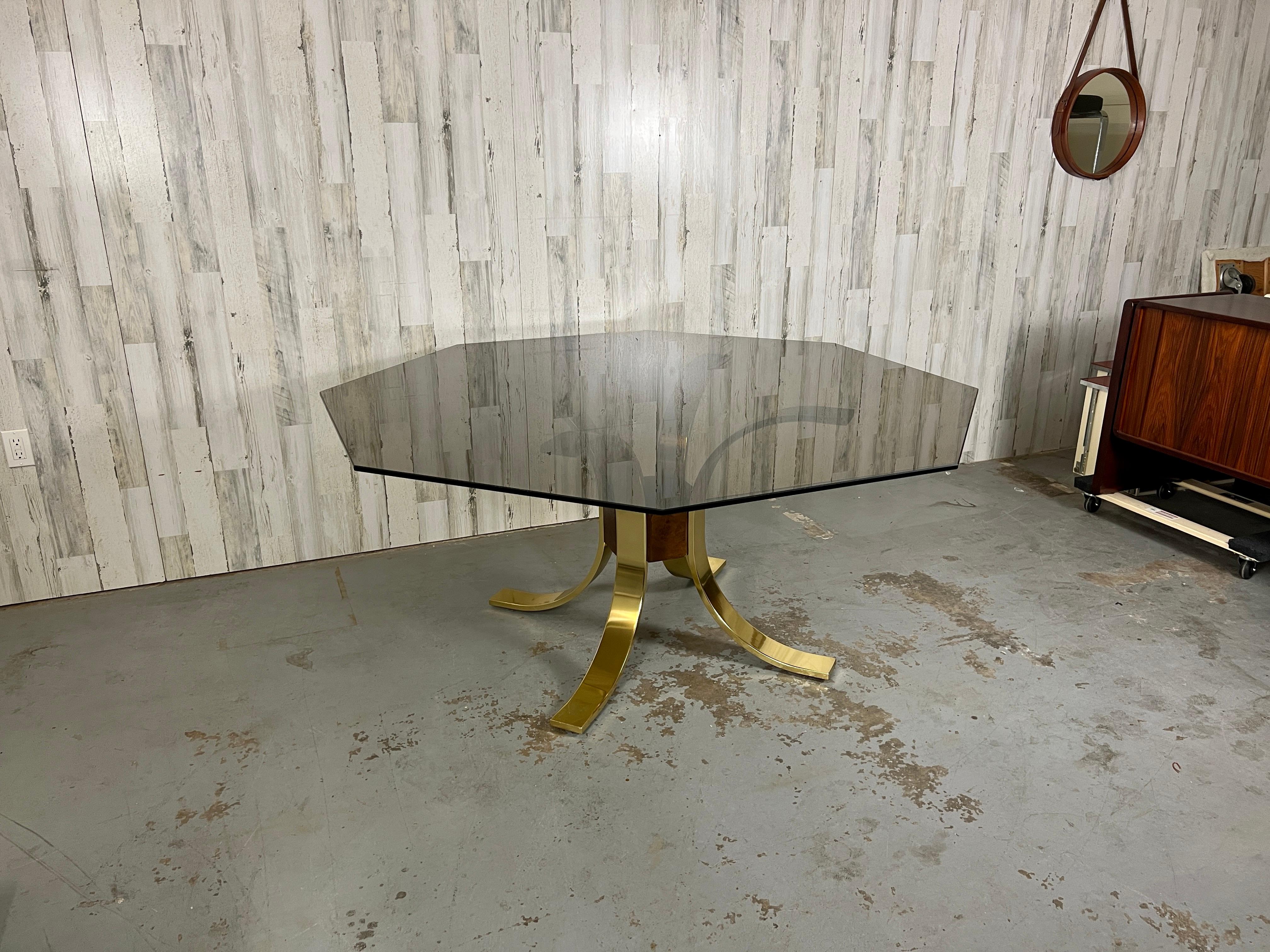 Mastercraft Brass, Burl, & Smoked Glass Dining Table In Good Condition For Sale In Denton, TX