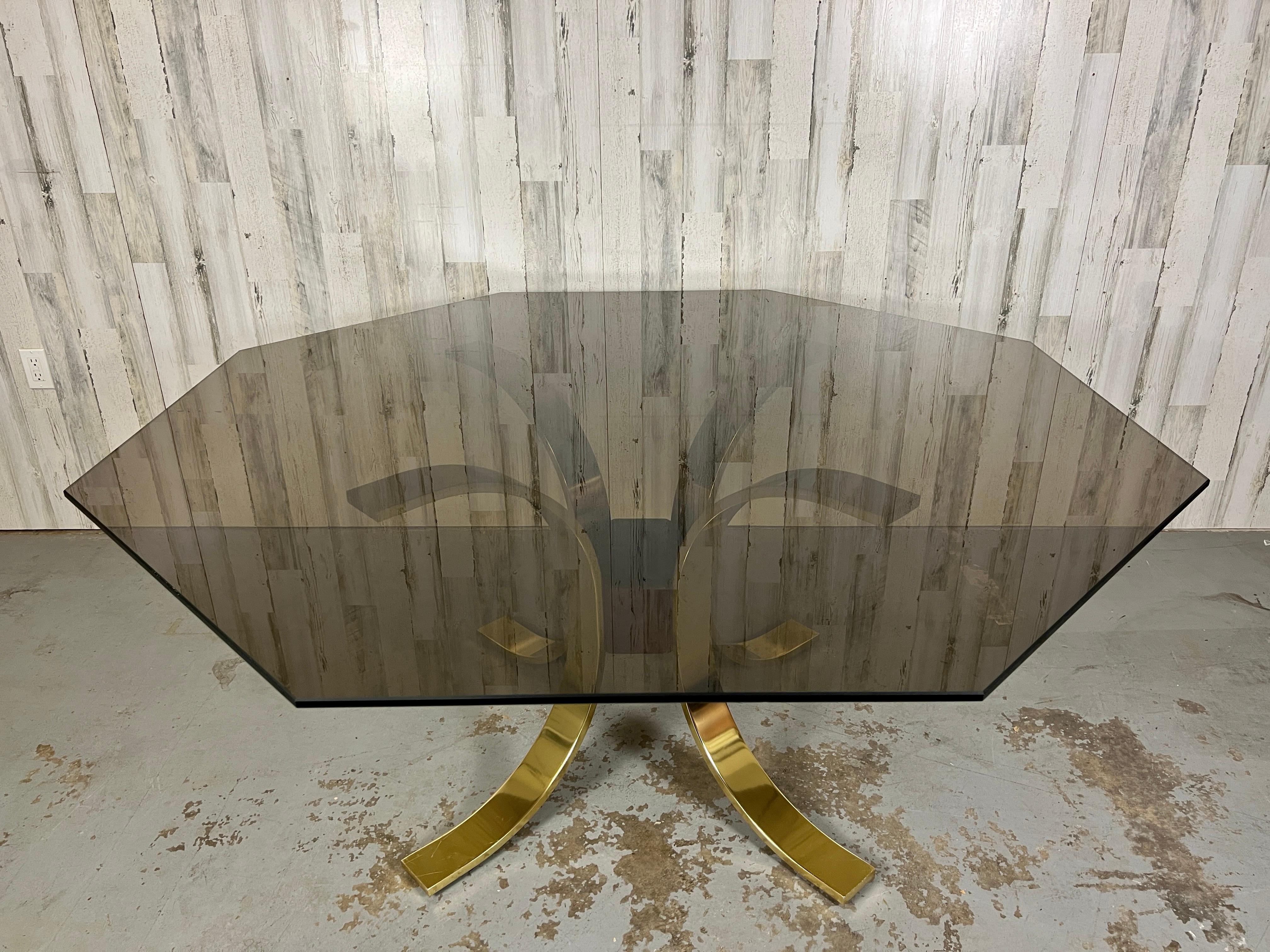 Mastercraft Brass, Burl, & Smoked Glass Dining Table For Sale 1