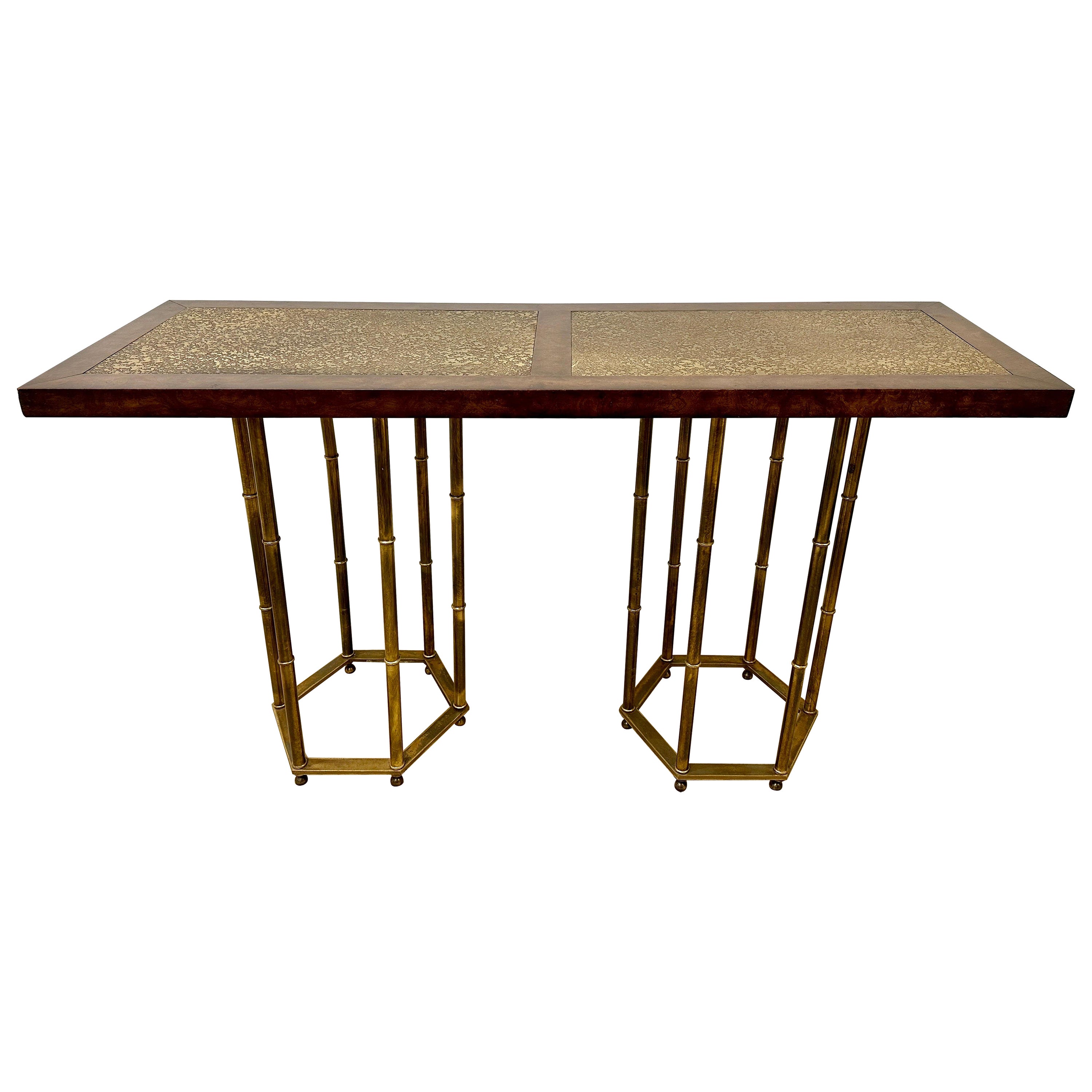 Mastercraft Brass & Burl Walnut Console Table by Bernhard Rohne