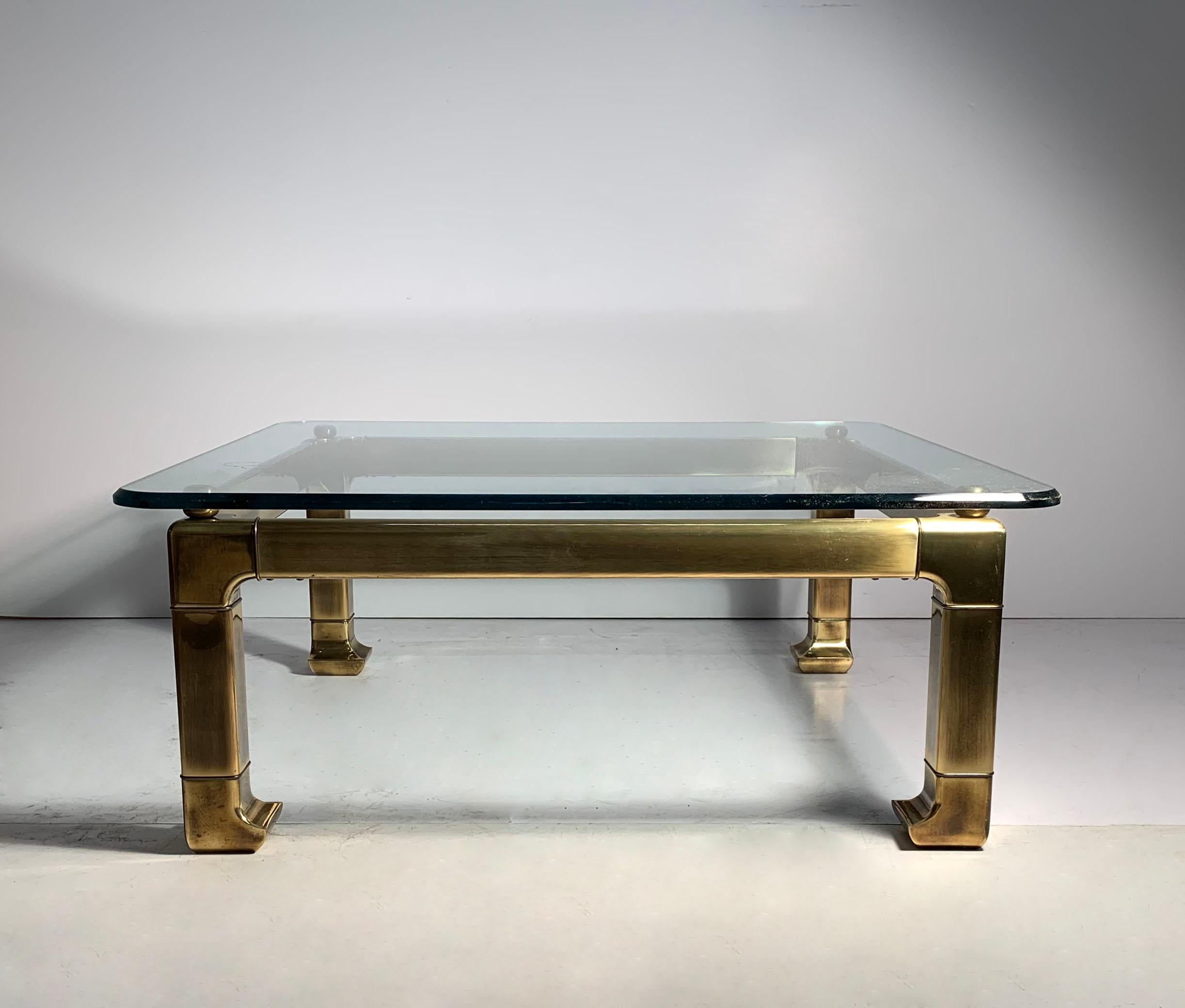 Hollywood Regency Mastercraft Brass Chinoiserie Glass Coffee Table For Sale