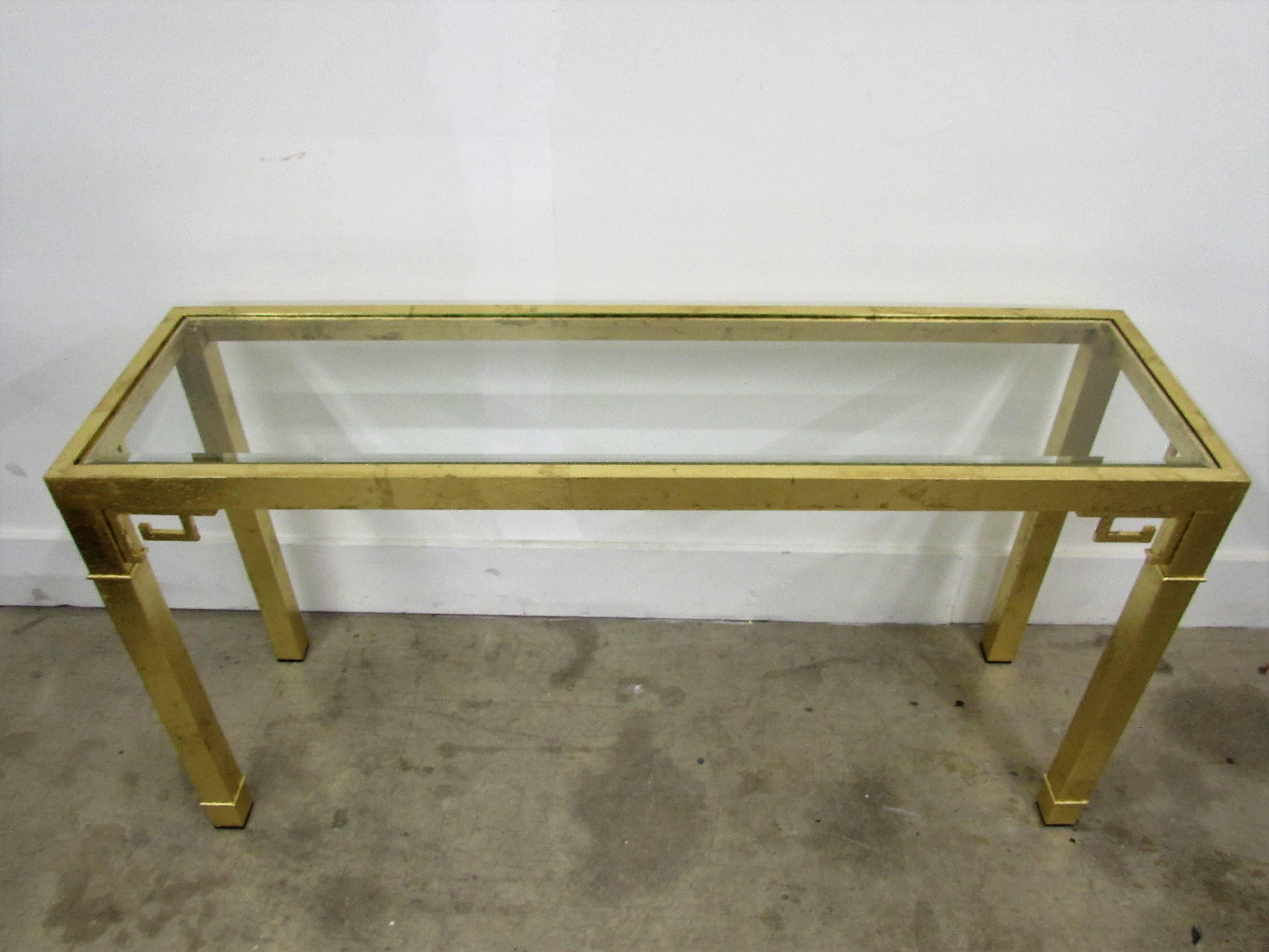 Hollywood Regency Mastercraft Brass Console Table with Greek Key Embellishments For Sale