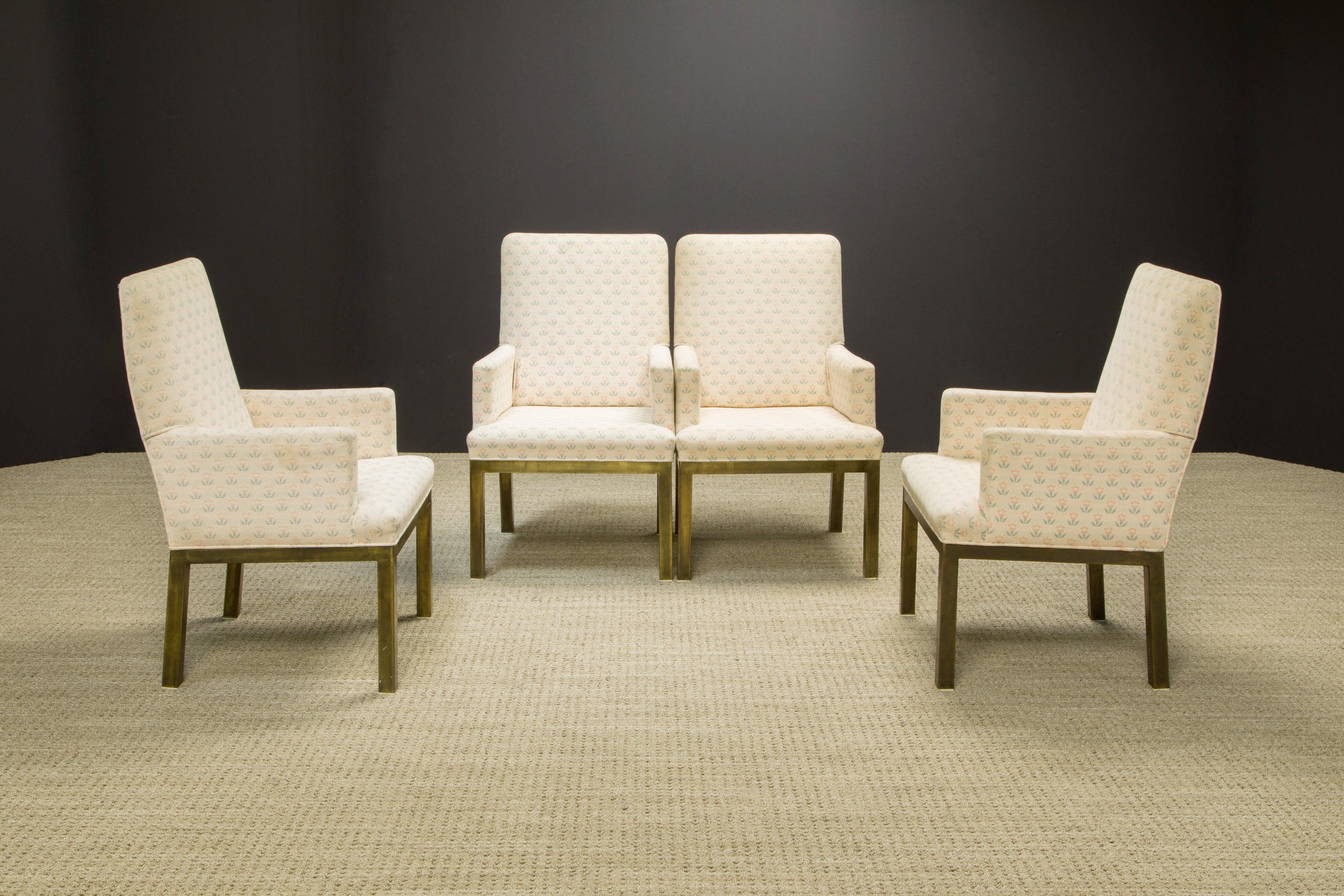 Modern Mastercraft Brass Dining Armchairs with Grandma Fabric, Set of Four, circa 1970s For Sale