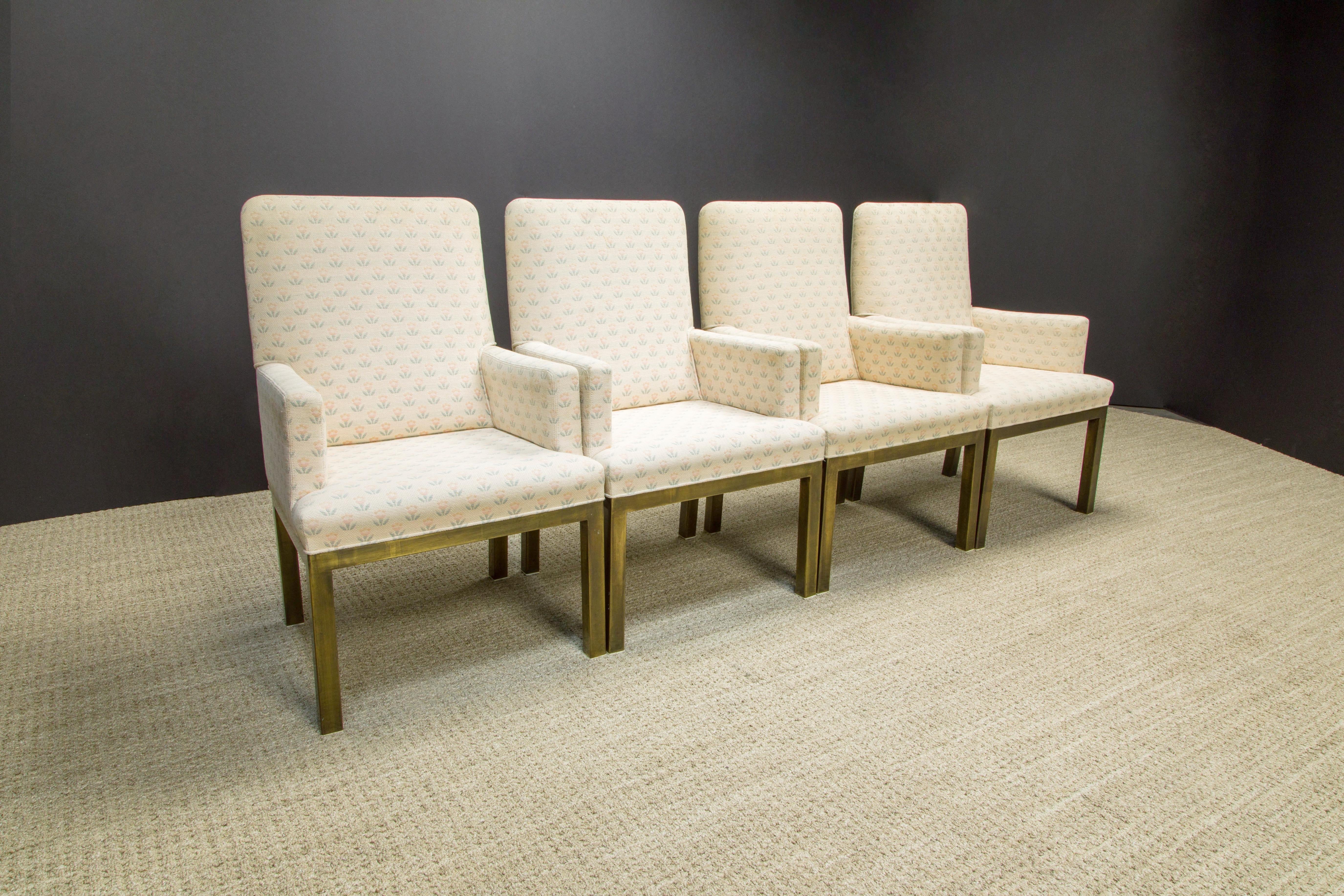 Mastercraft Brass Dining Armchairs with Grandma Fabric, Set of Four, circa 1970s In Good Condition For Sale In Los Angeles, CA