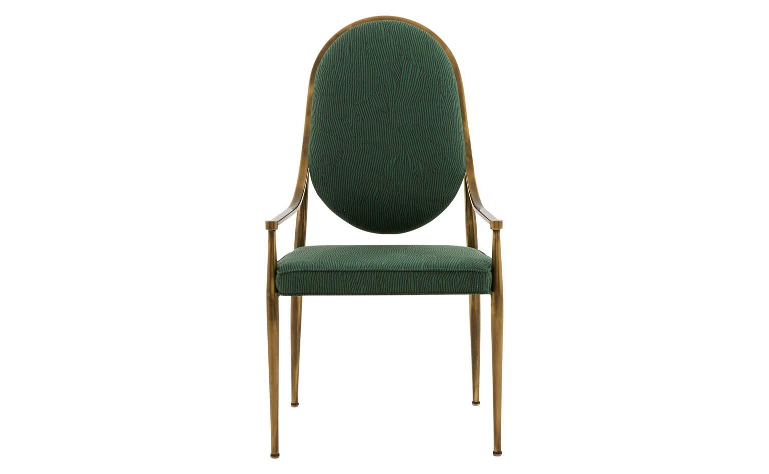Founded in the late 1940s, Mastercraft Furniture brought sophisticated, European-inspired design to America throughout the mid-20th century. Our Vintage Brass Mastercraft Dining Chair features an elegant, curved brass frame, which has taken on a