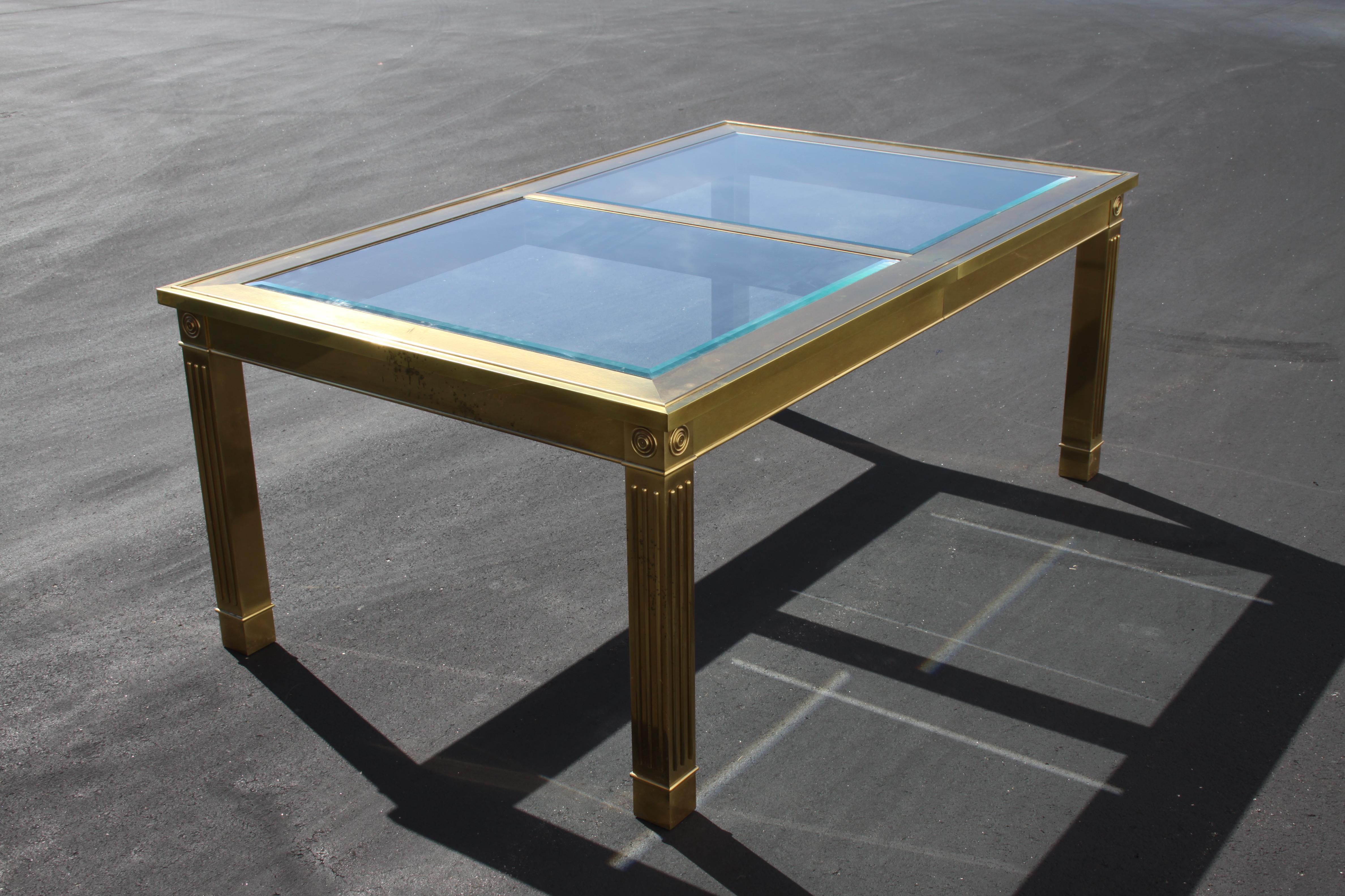 American Mastercraft Brass Dining Table with Glass Inserts For Sale