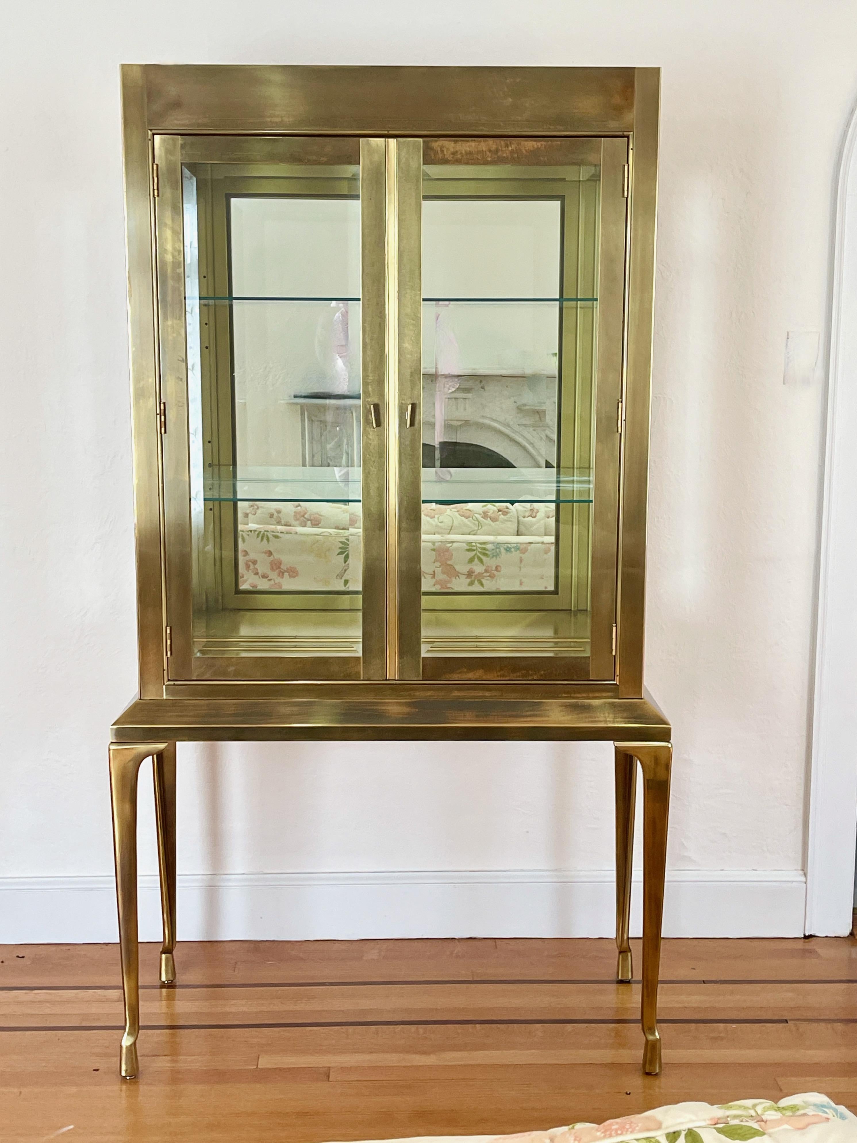 Hollywood Regency Mastercraft Brass Display Cabinet Vitrine on Four Tall Brass Legs
