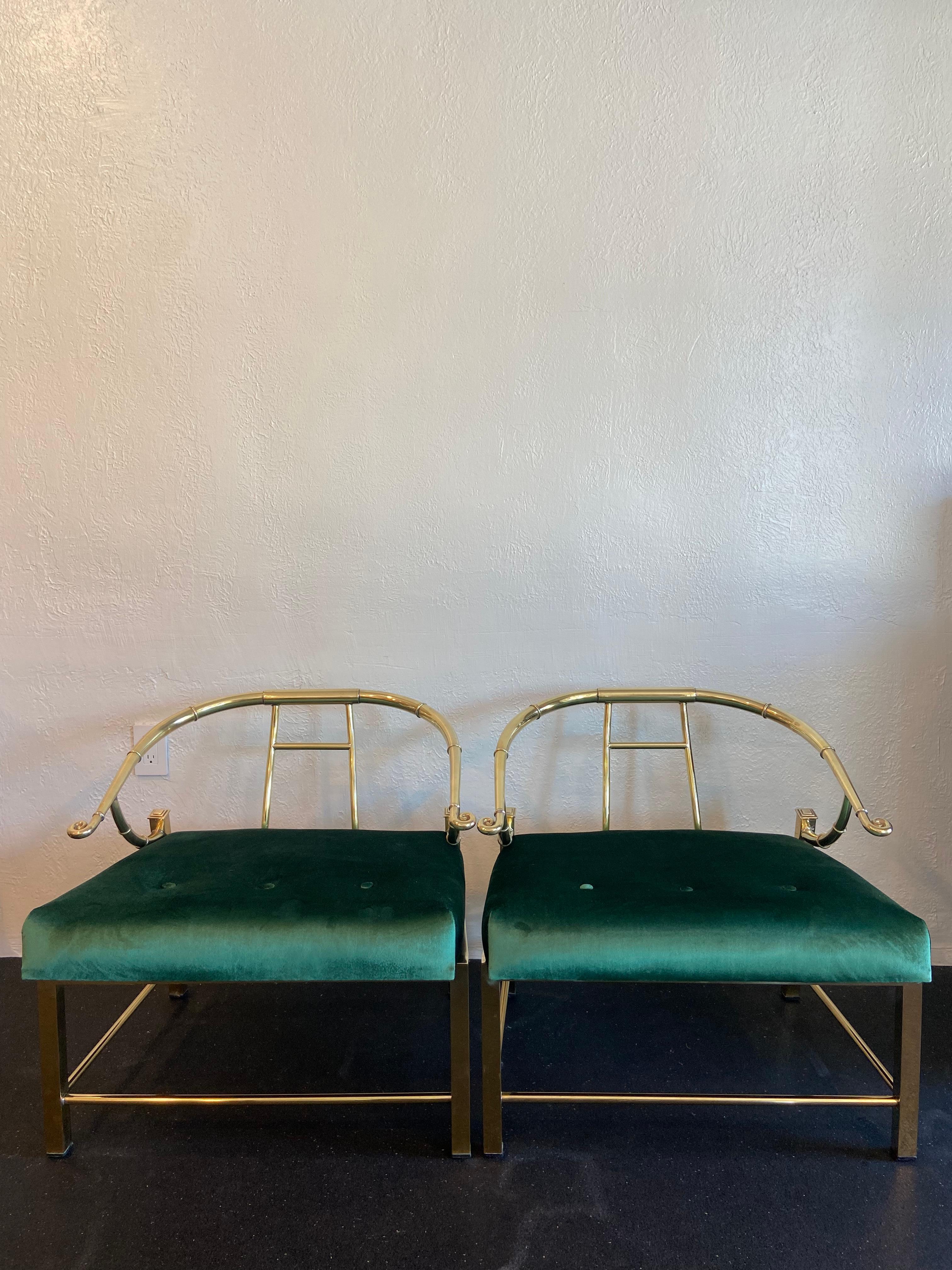 Pair of Mastercraft brass empress chairs. Chairs have been reupholstered in a rich green velvet. They have also been professionally polished, but not sealed (please refer to photos).

Would work well in a variety of interiors such as modern, mid
