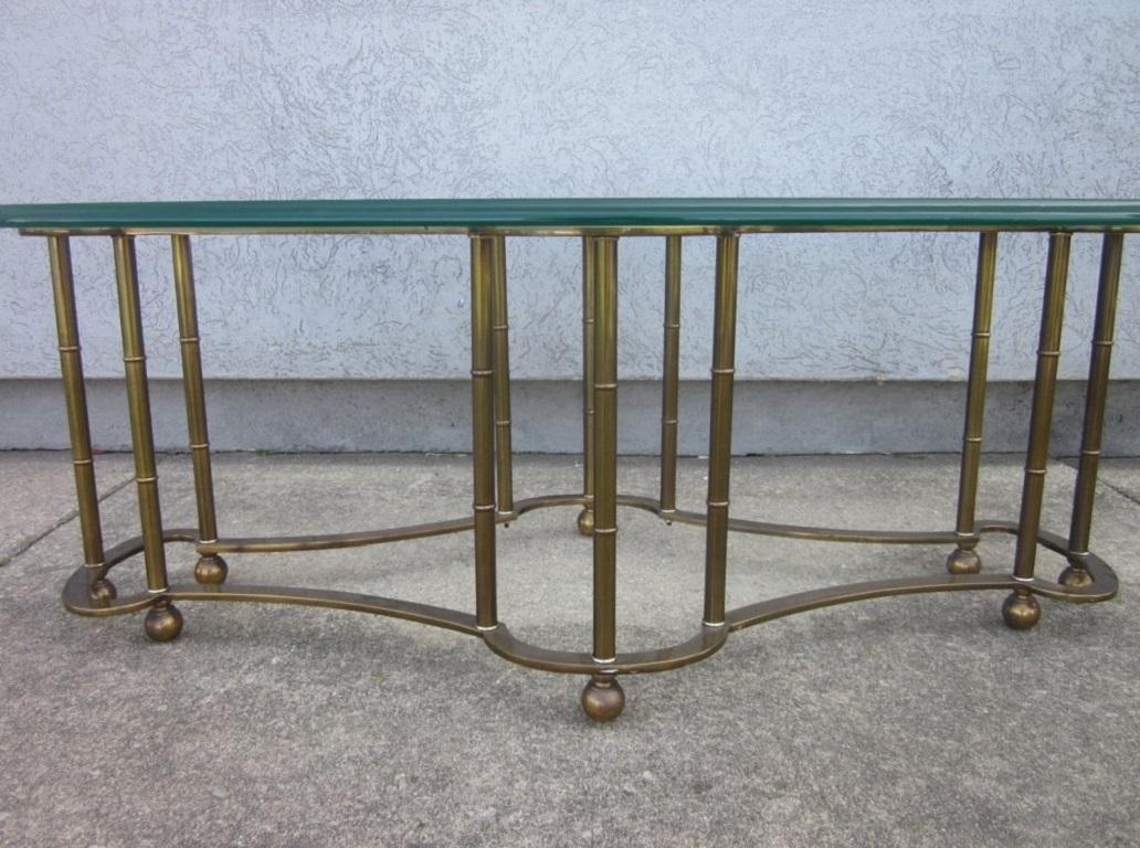 Beveled Mastercraft Brass Faux Bamboo Coffee Table For Sale