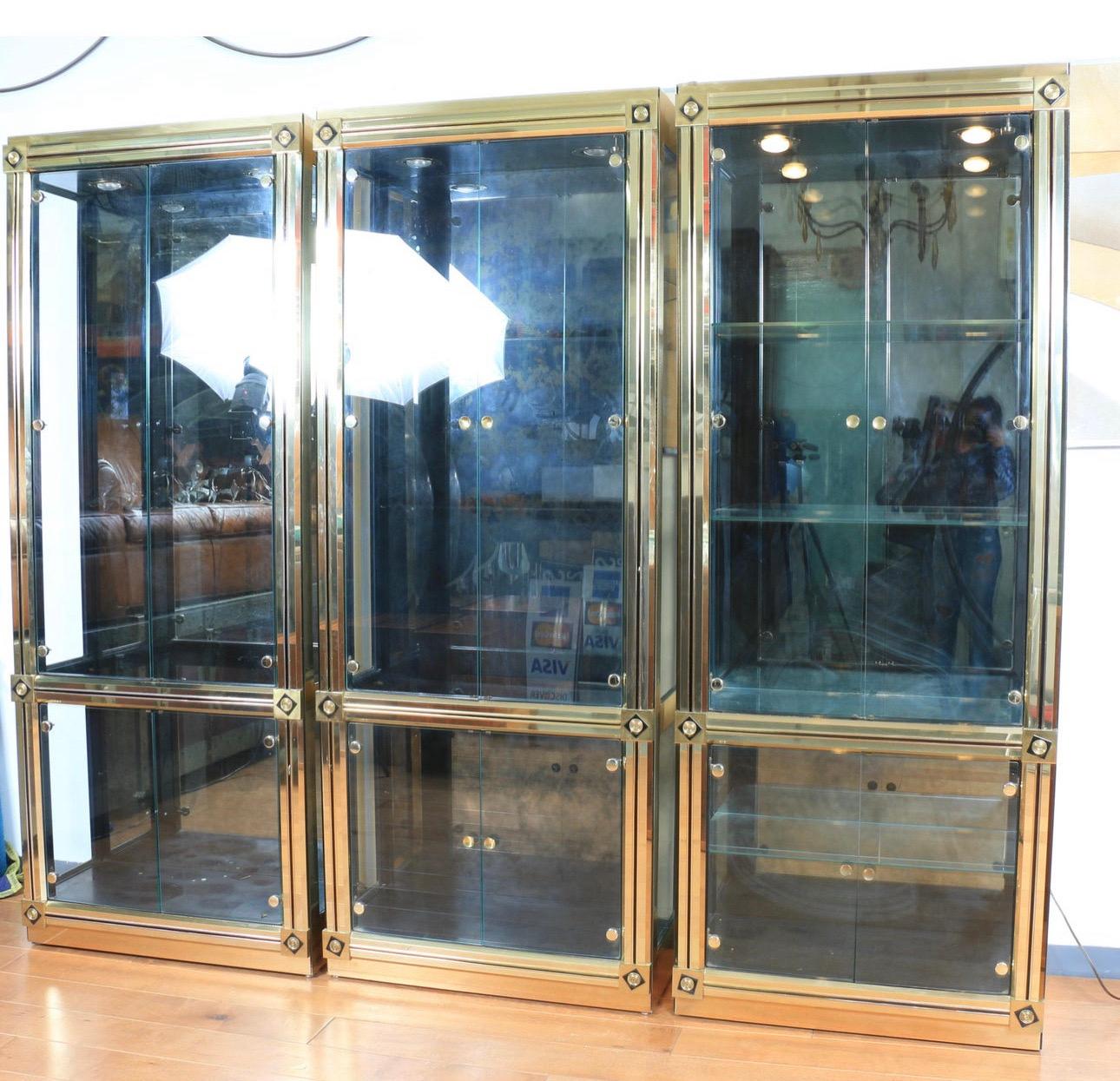 This MasterCraft Brass and Glass Cabinet is in good condition with 9 shelves on top to display items. The bottom is also have shelves and doors that open & close very great. It is also signed in the back by Master Craft. we are asking $2,500 for