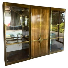 Mastercraft Brass, Glass, Mahogany Light up 3 piece cabinet, 1970s. Pristine.