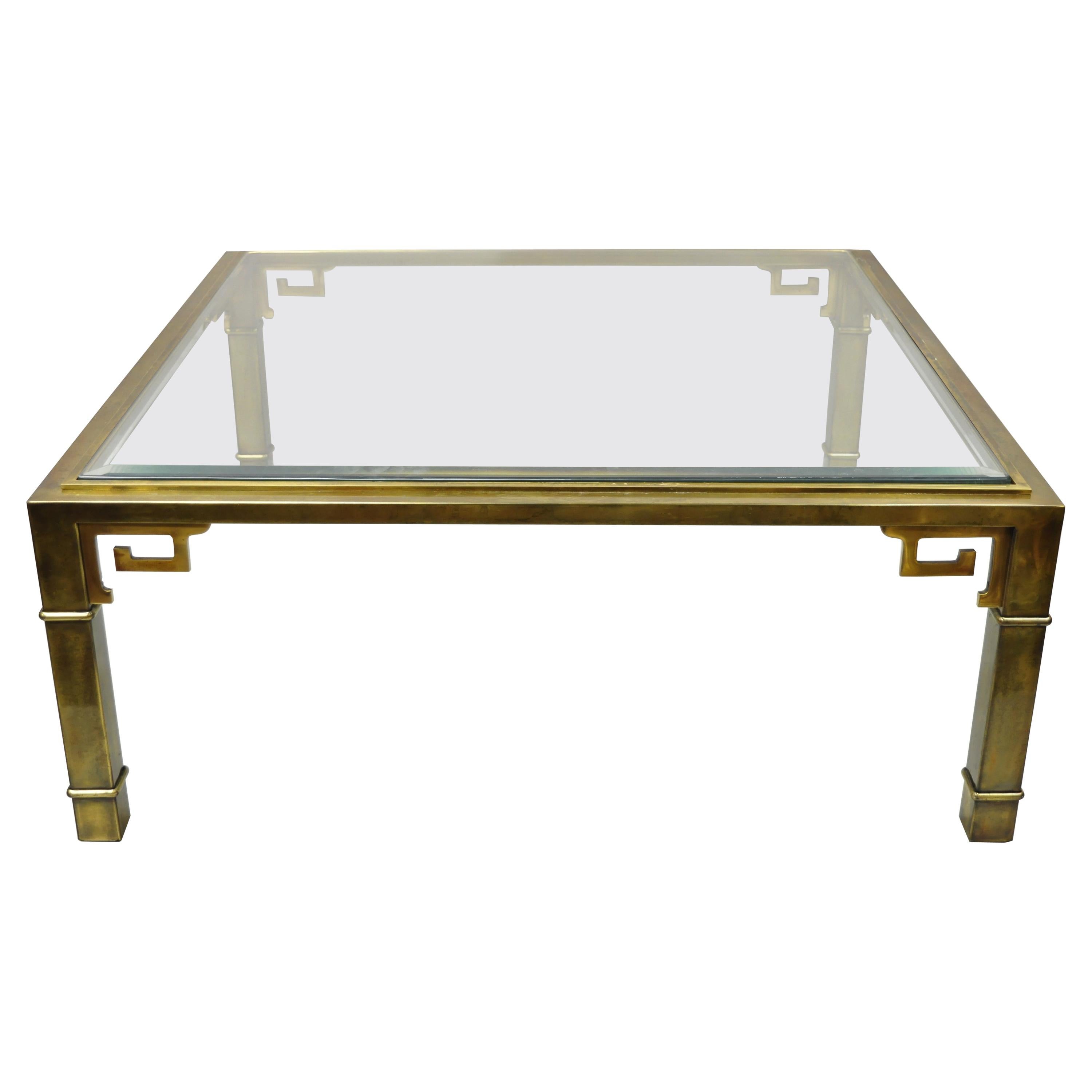 Mastercraft Brass Greek Key Glass Top Large Square 42" Coffee Cocktail Table