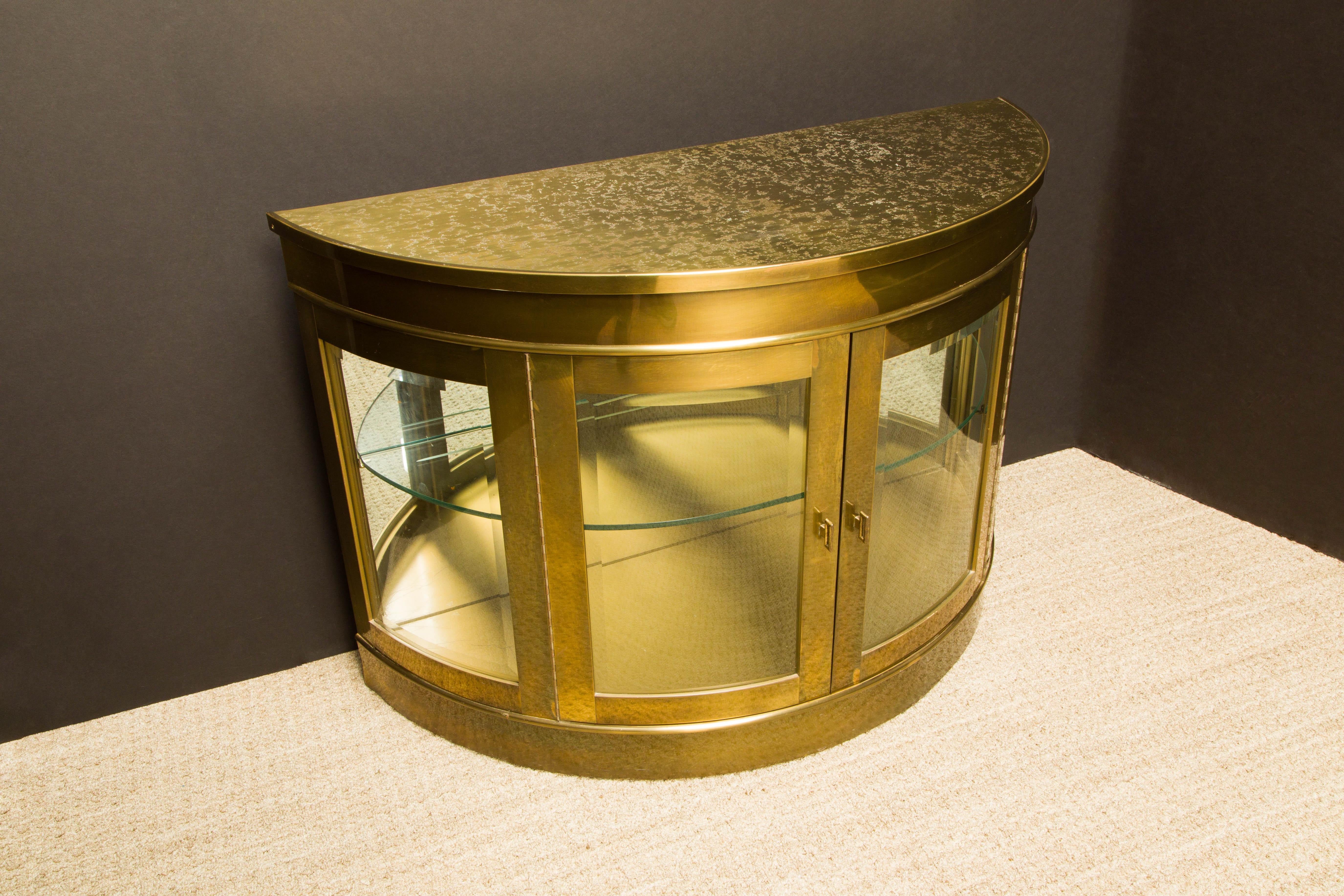 American Mastercraft Brass Illuminated Demilune Vitrine Cabinet, 1970s, Signed For Sale