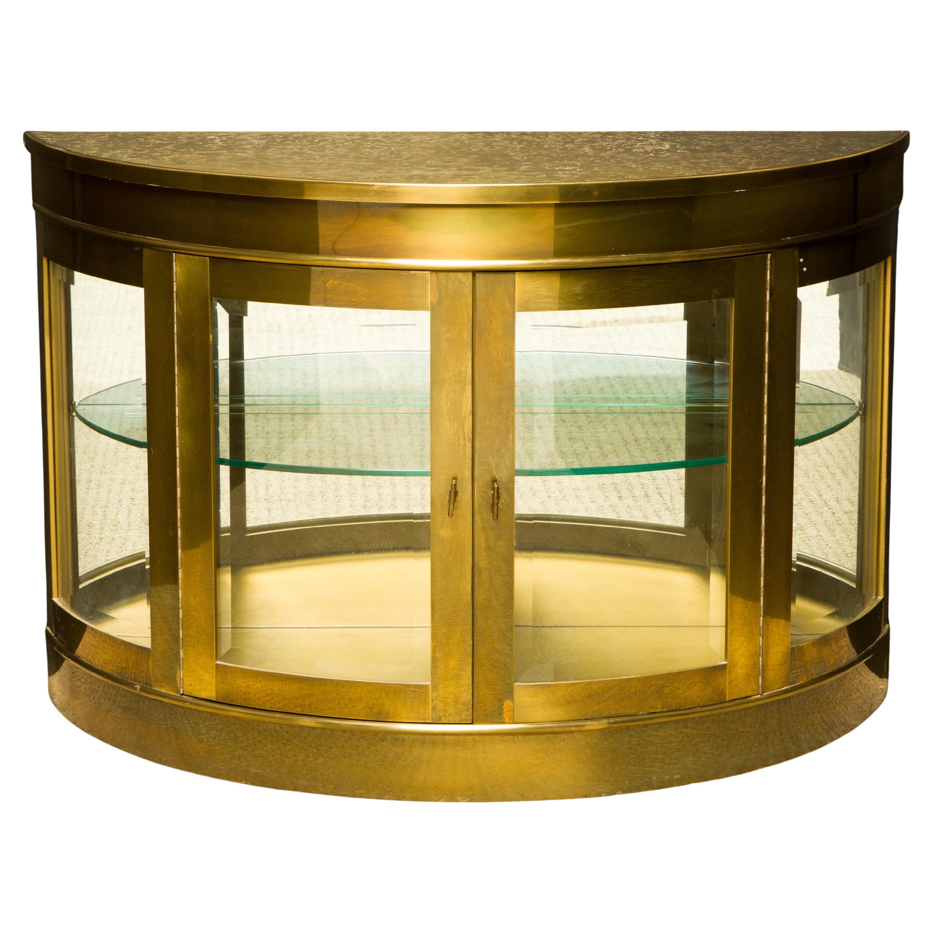 Mastercraft Brass Illuminated Demilune Vitrine Cabinet, 1970s, Signed For Sale