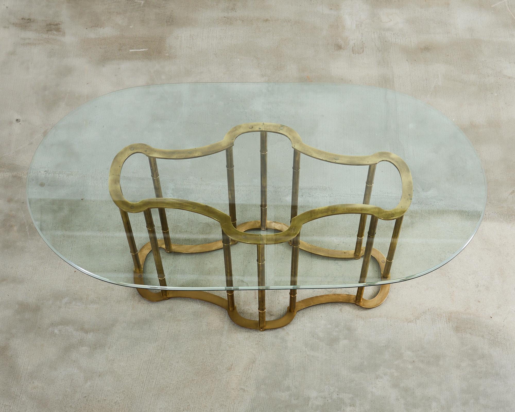 Beveled Mastercraft Brass Italian Regency Faux Bamboo Racetrack Dining Table