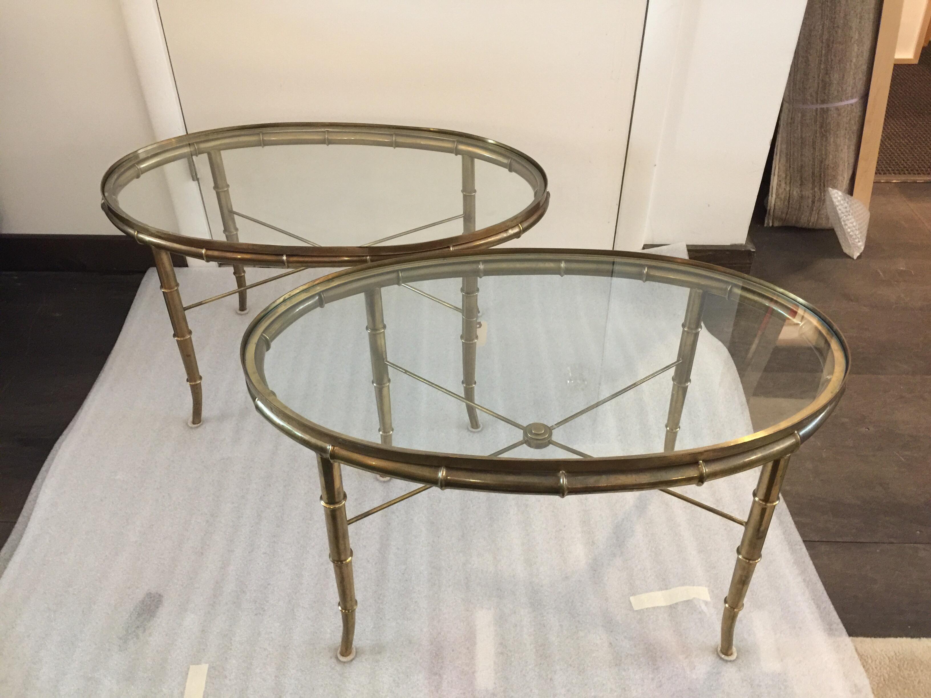 Regency Mastercraft Brass Oval Side Tables, Pair