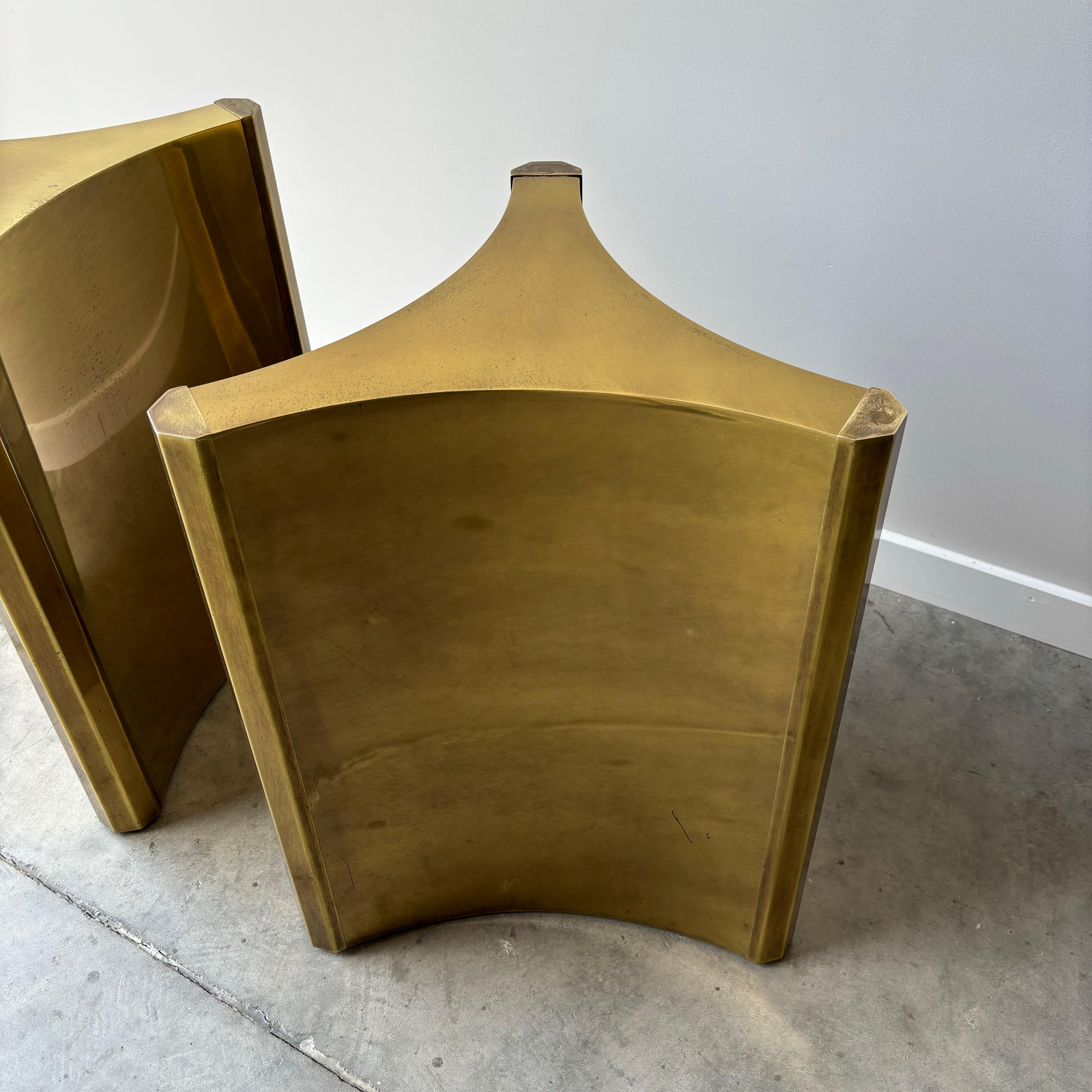 Vintage pair of Trilobi brass pedestals by Mastercraft.  This set is ready for a custom top of your choosing.  A classic design in good vintage condition.