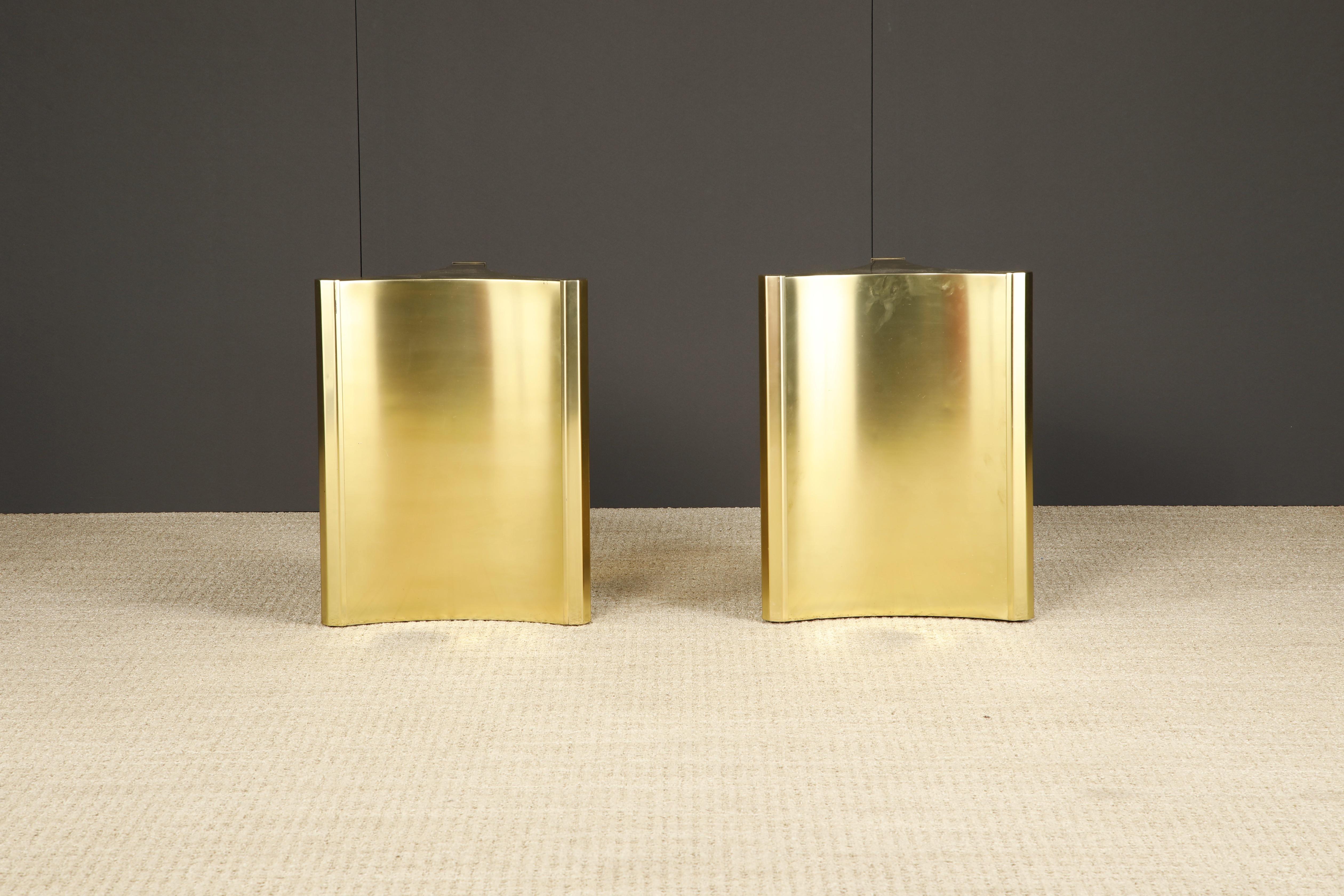 One of the hottest items currently with interior designers are these matte brass 'Trilobi' Mastercraft dining table bases, which also work excellent for a desk, and feature a hefty triangular design with sculpted ends. The gorgeous brass displays
