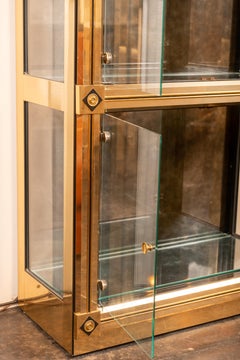 Mastercraft Brass Vitrine Cabinets with black detailing, a pair