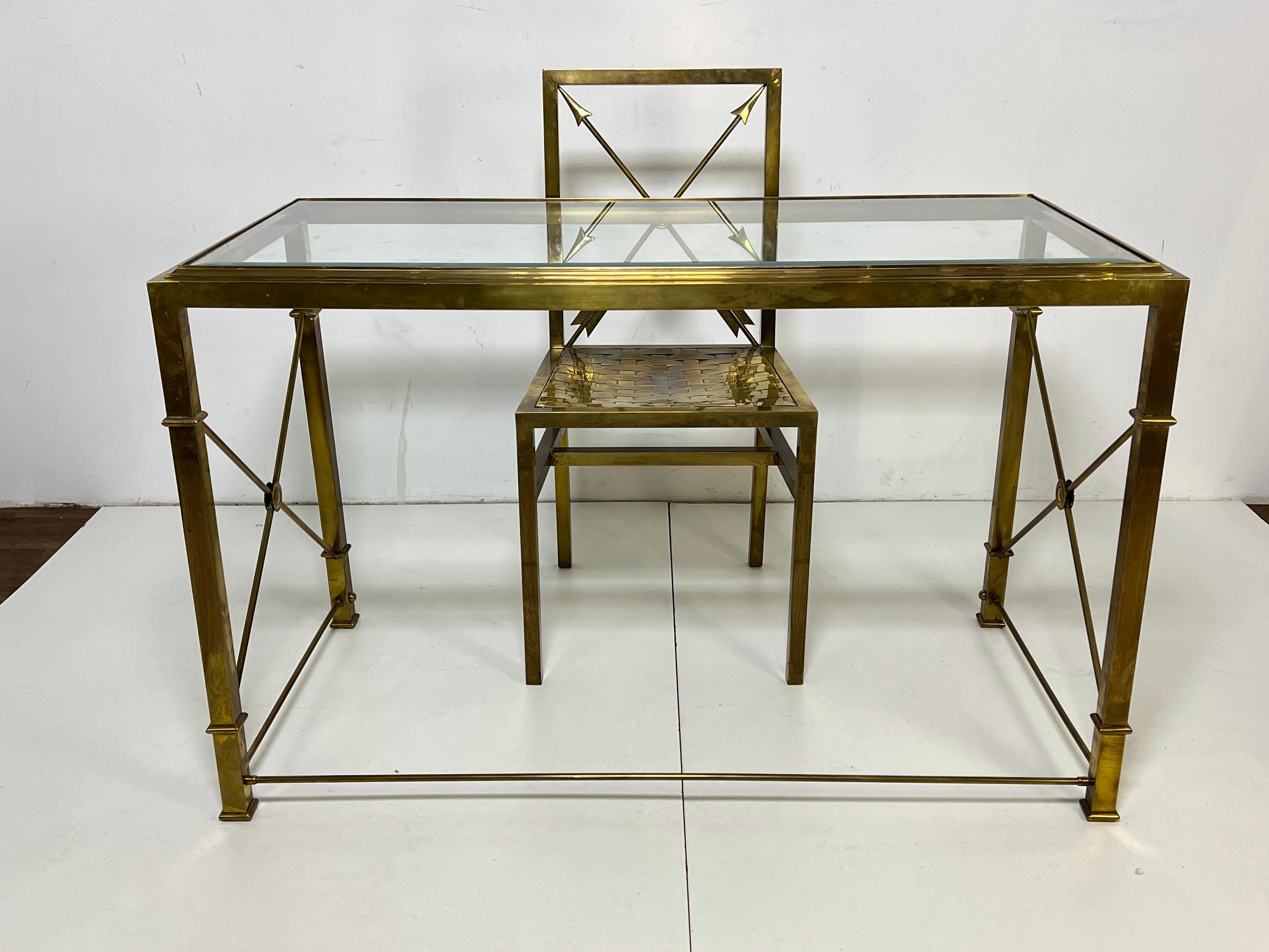 Hollywood Regency Mastercraft Brass Writing Desk and Chair Circa 1960s For Sale