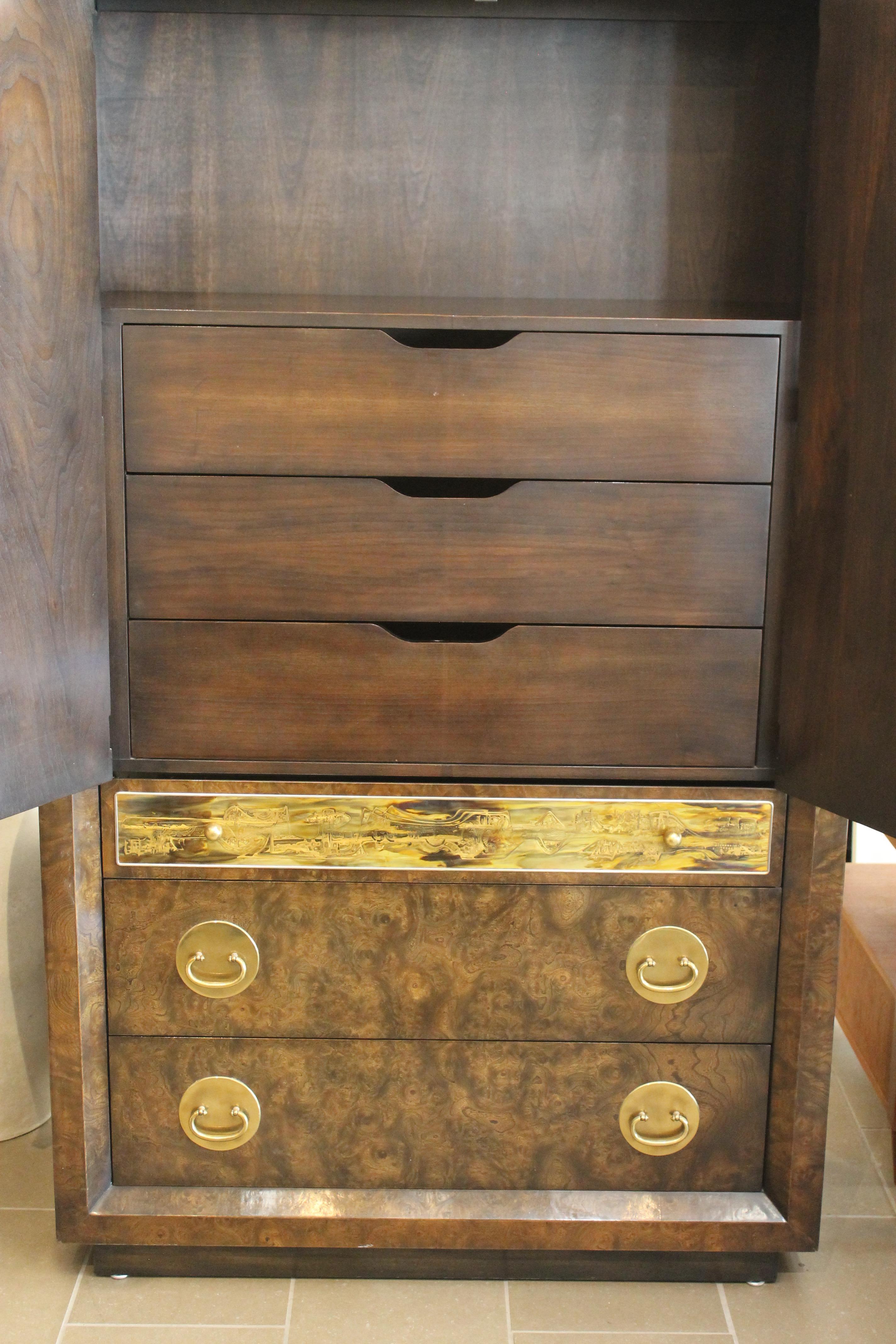 Mid-Century Modern Mastercraft Burl and Brass Wardrobe Cabinet