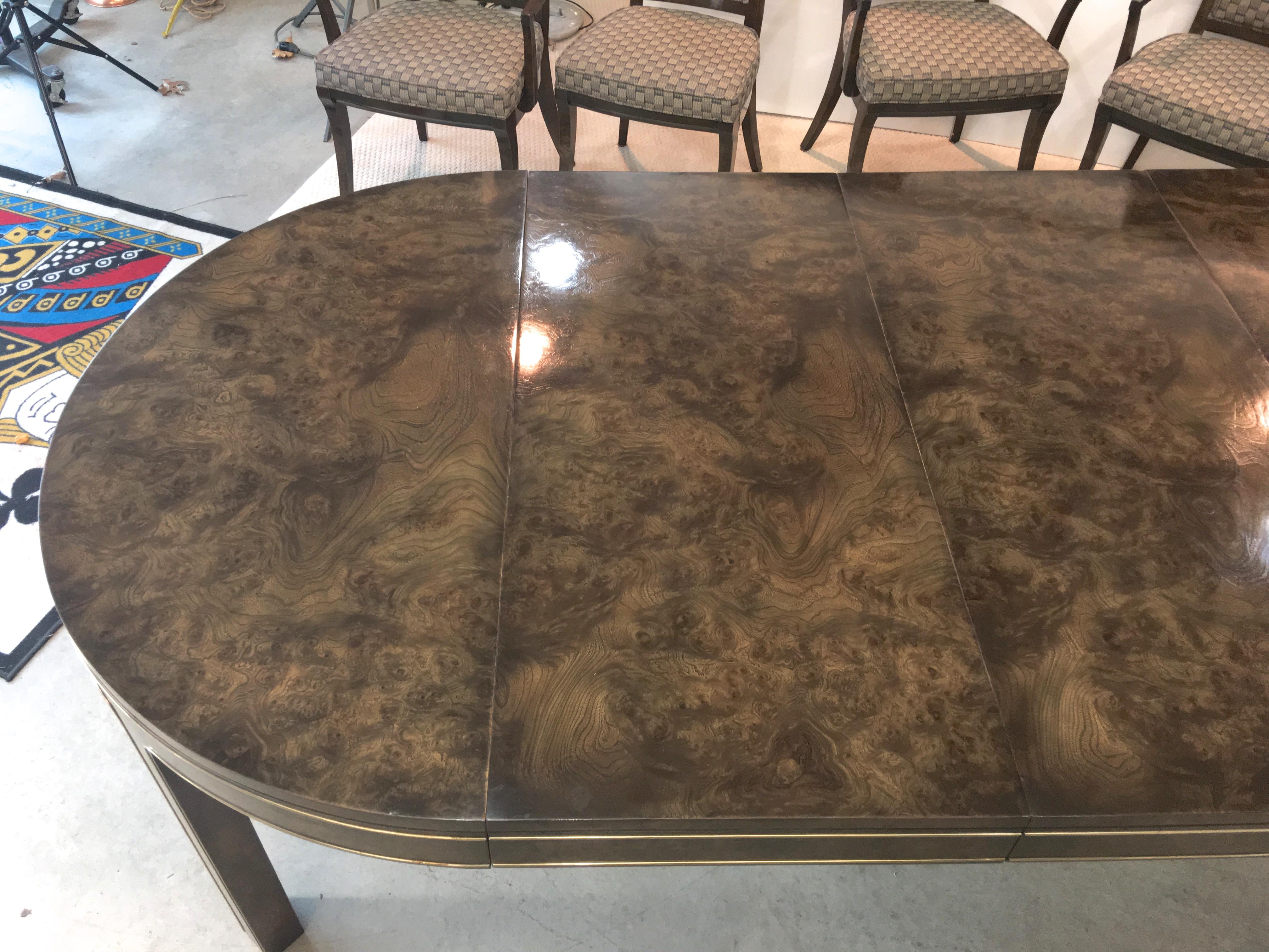Mastercraft Burl and Brass Extendable Dining Table and Six Chairs  For Sale 1