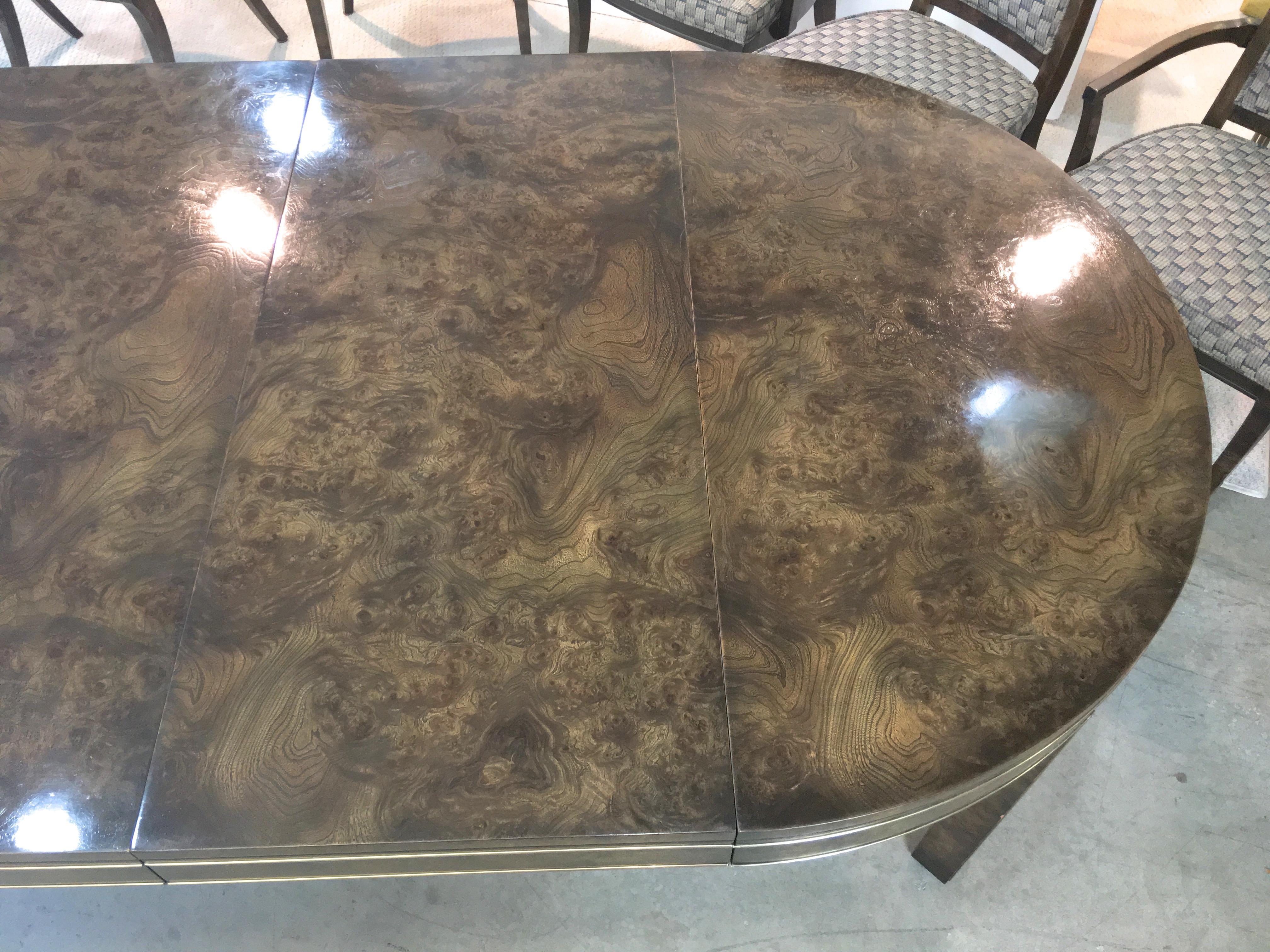 Mastercraft Burl and Brass Extendable Dining Table and Six Chairs  For Sale 2