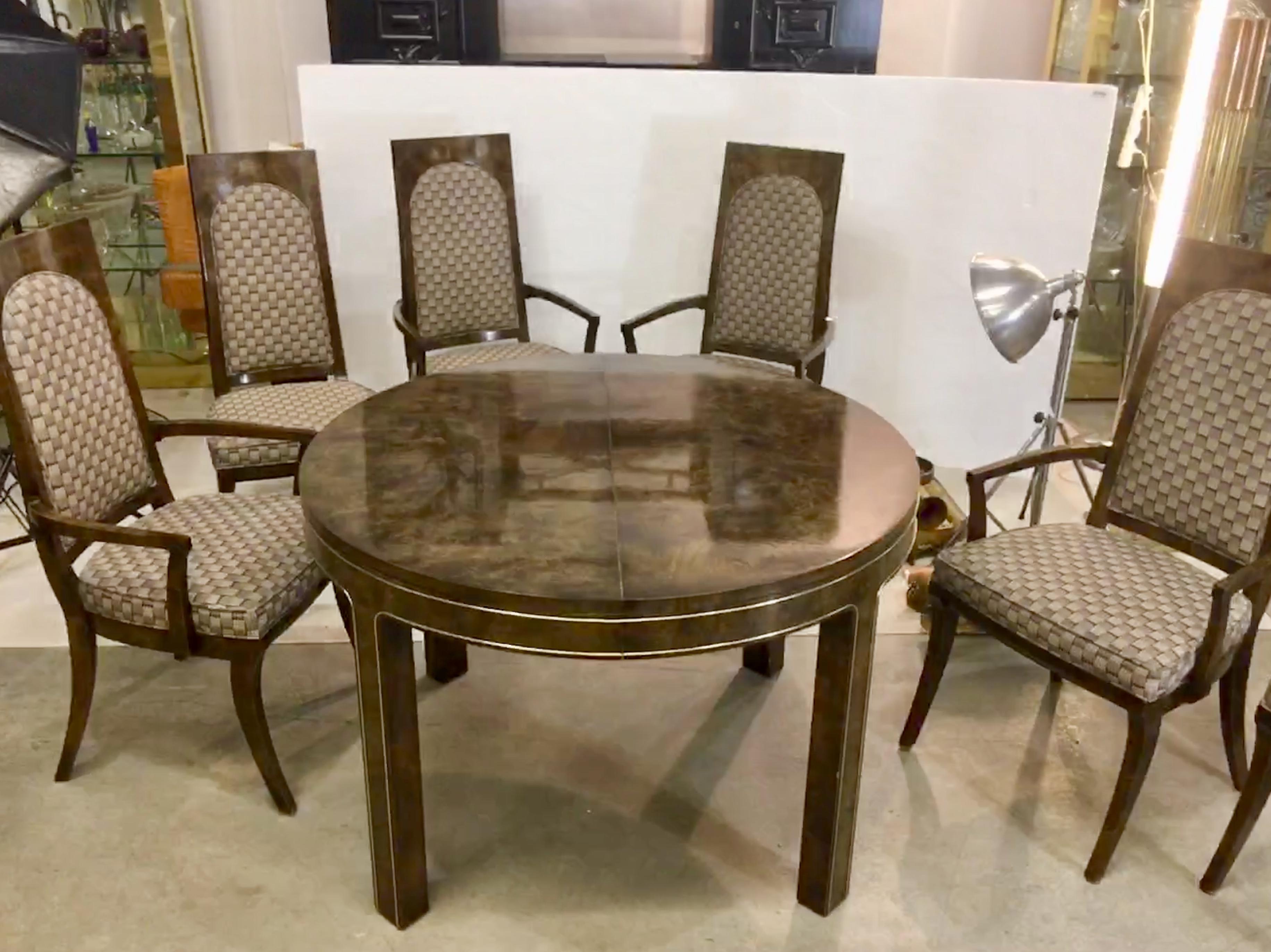 Mastercraft Burl and Brass Extendable Dining Table and Six Chairs  For Sale 6