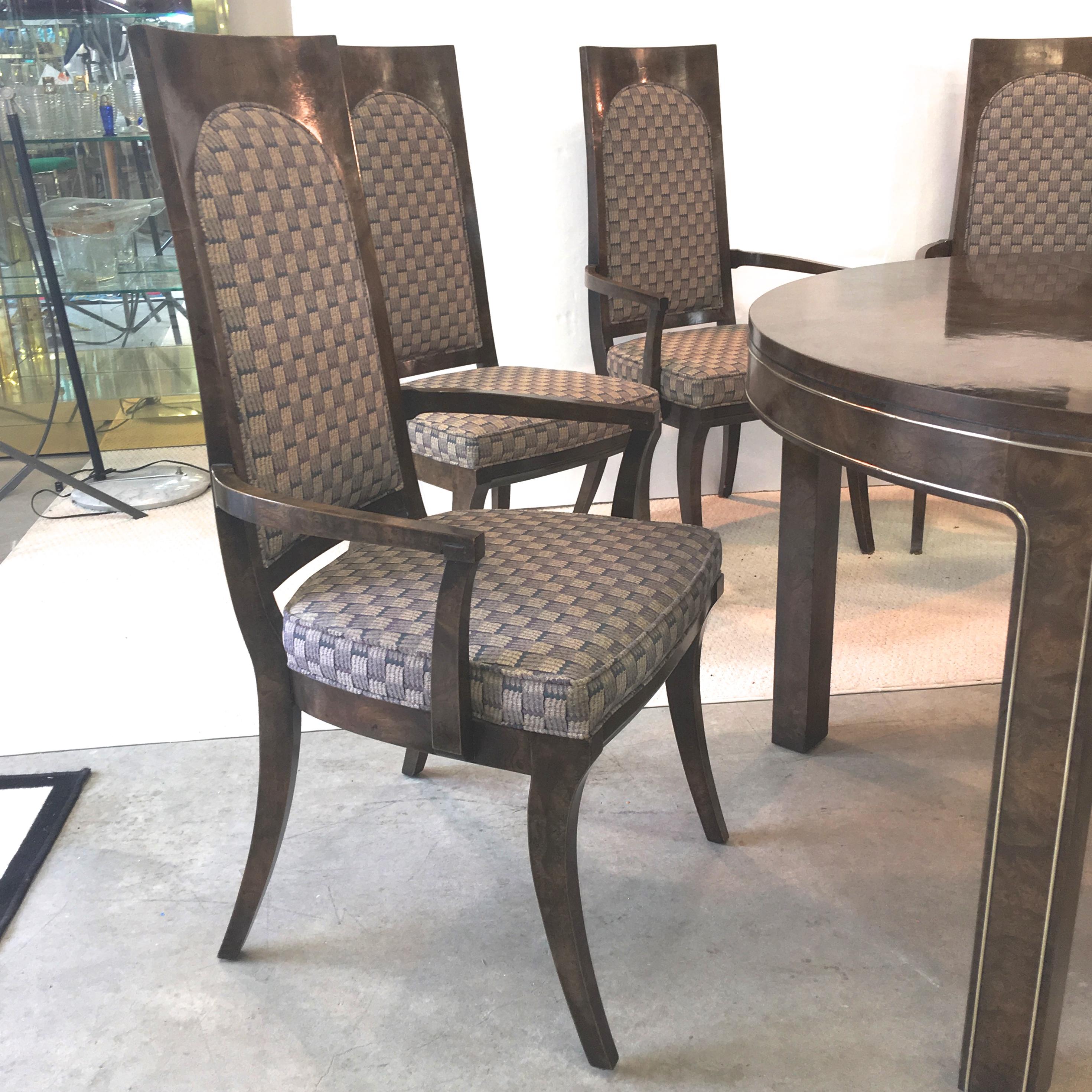American Mastercraft Burl and Brass Extendable Dining Table and Six Chairs  For Sale