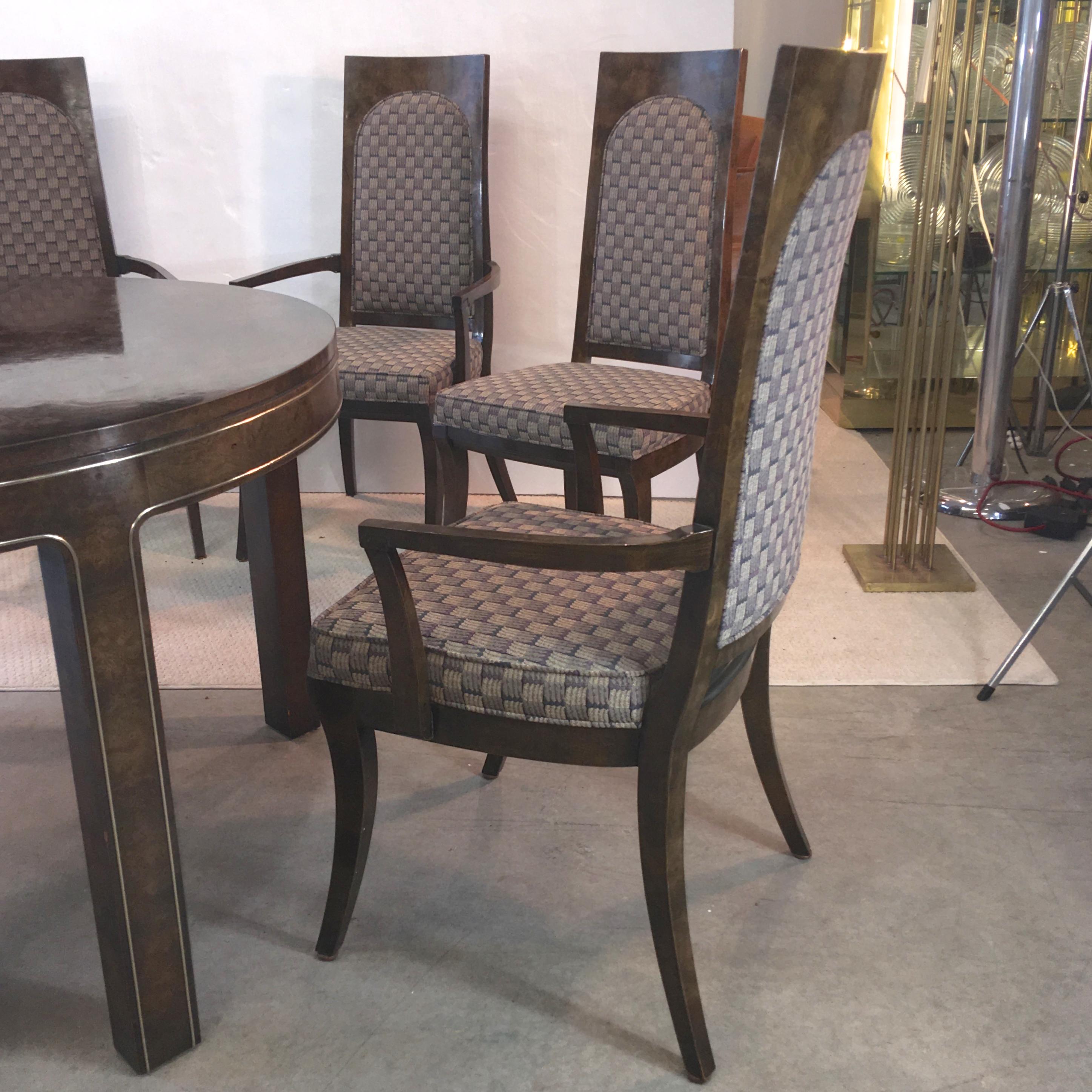 Veneer Mastercraft Burl and Brass Extendable Dining Table and Six Chairs  For Sale