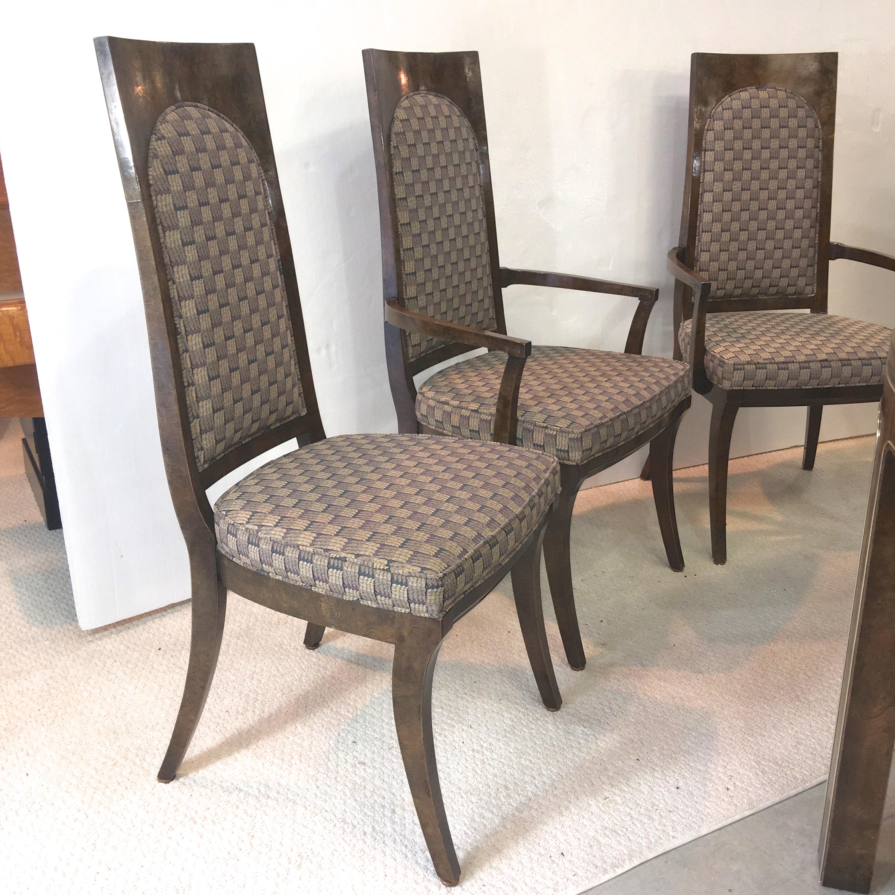 Mastercraft Burl and Brass Extendable Dining Table and Six Chairs  In Good Condition For Sale In Hanover, MA