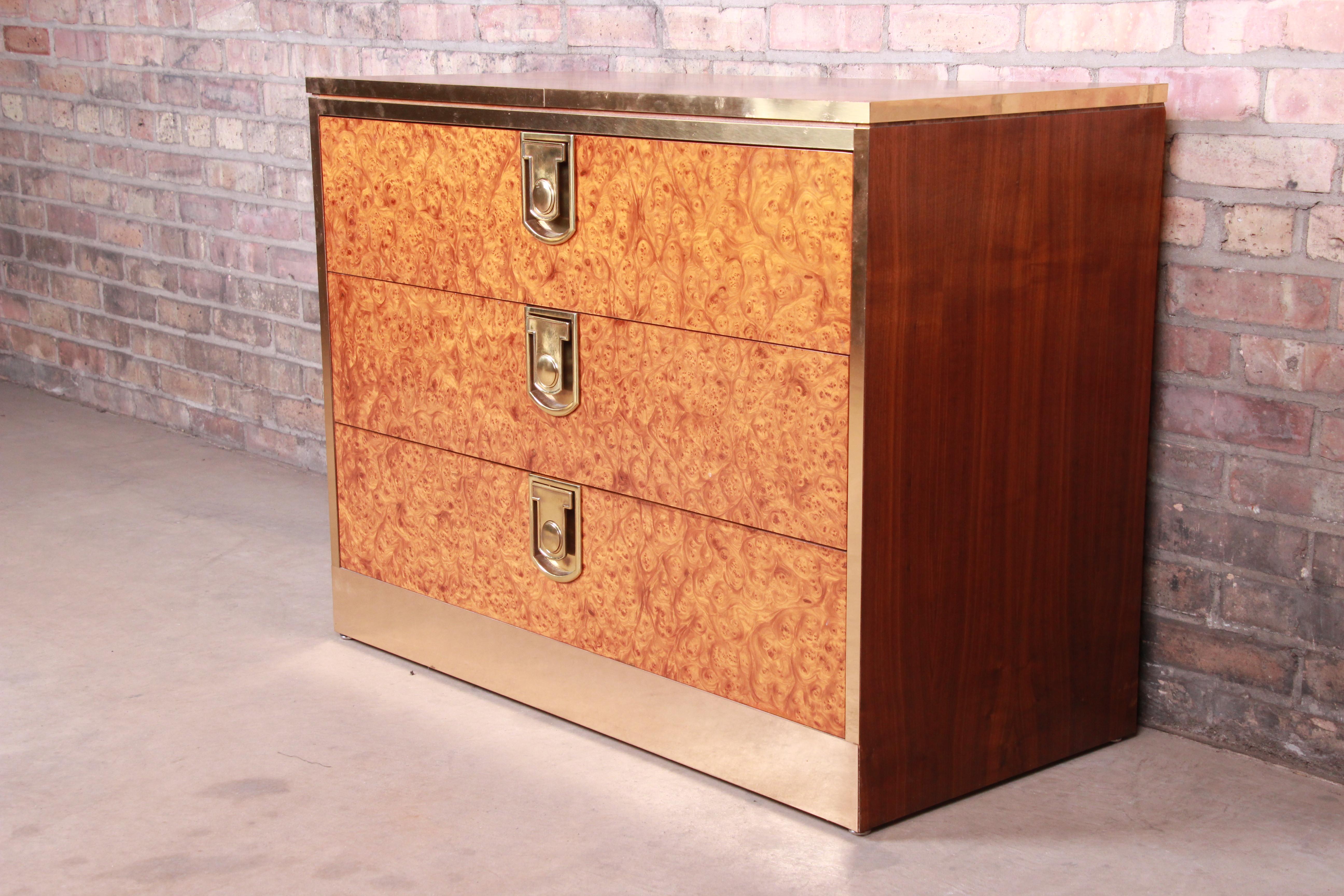 Mid-Century Modern Mastercraft Burl, Rosewood, and Brass Chest of Drawers, circa 1970s