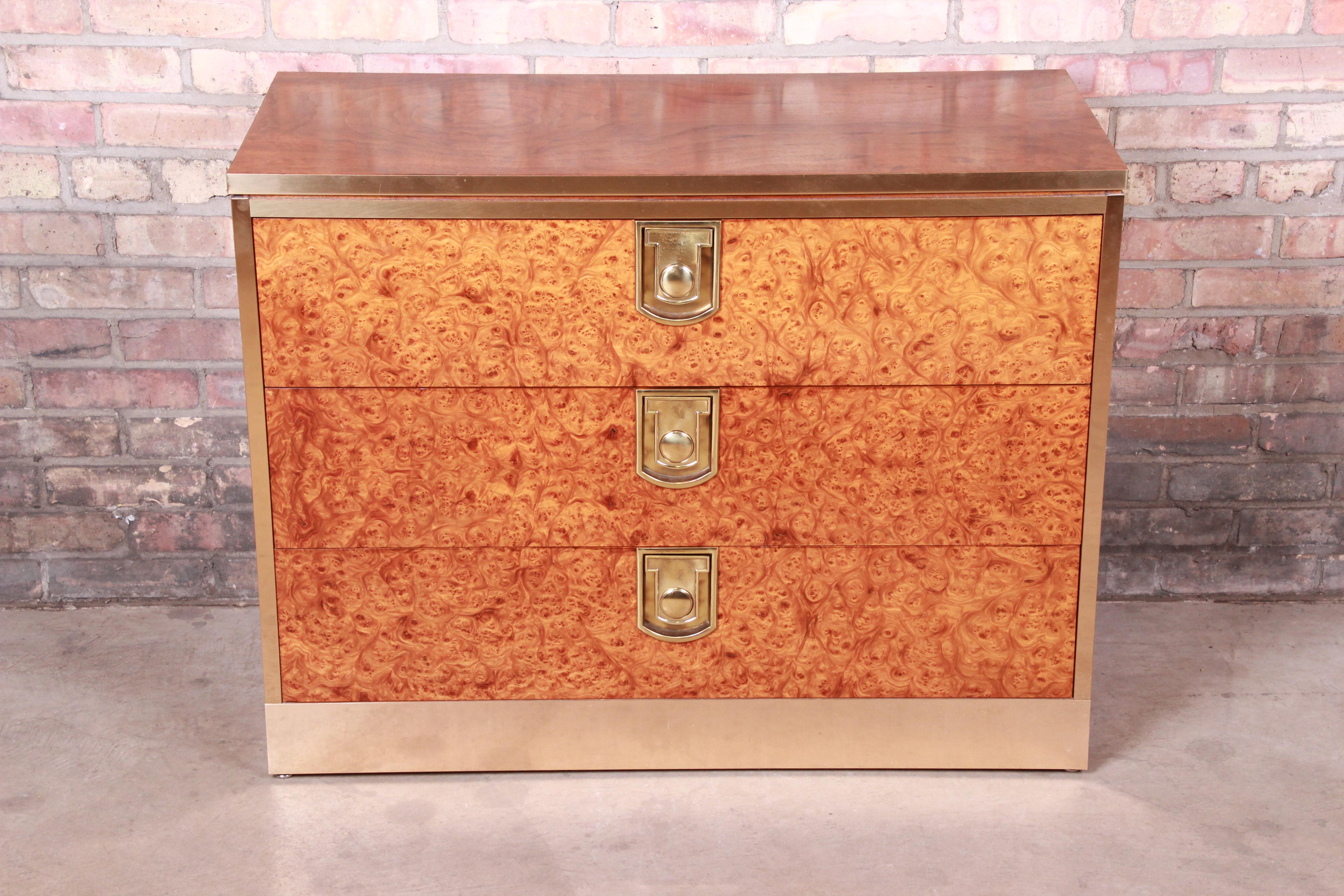 Mid-Century Modern Mastercraft Burl, Rosewood, and Brass Chest of Drawers, circa 1970s