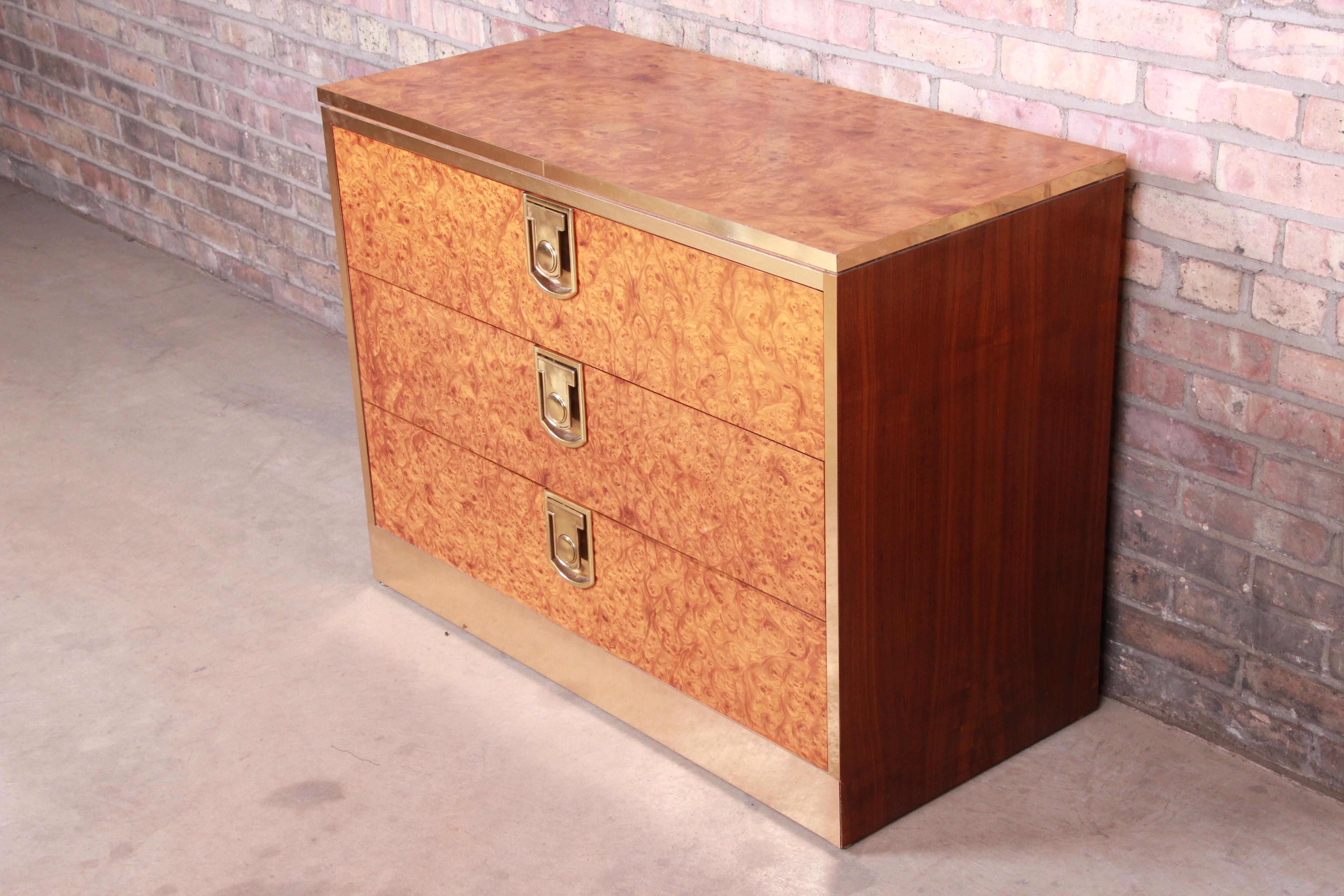 Mastercraft Burl, Rosewood, and Brass Chest of Drawers, circa 1970s In Good Condition In South Bend, IN