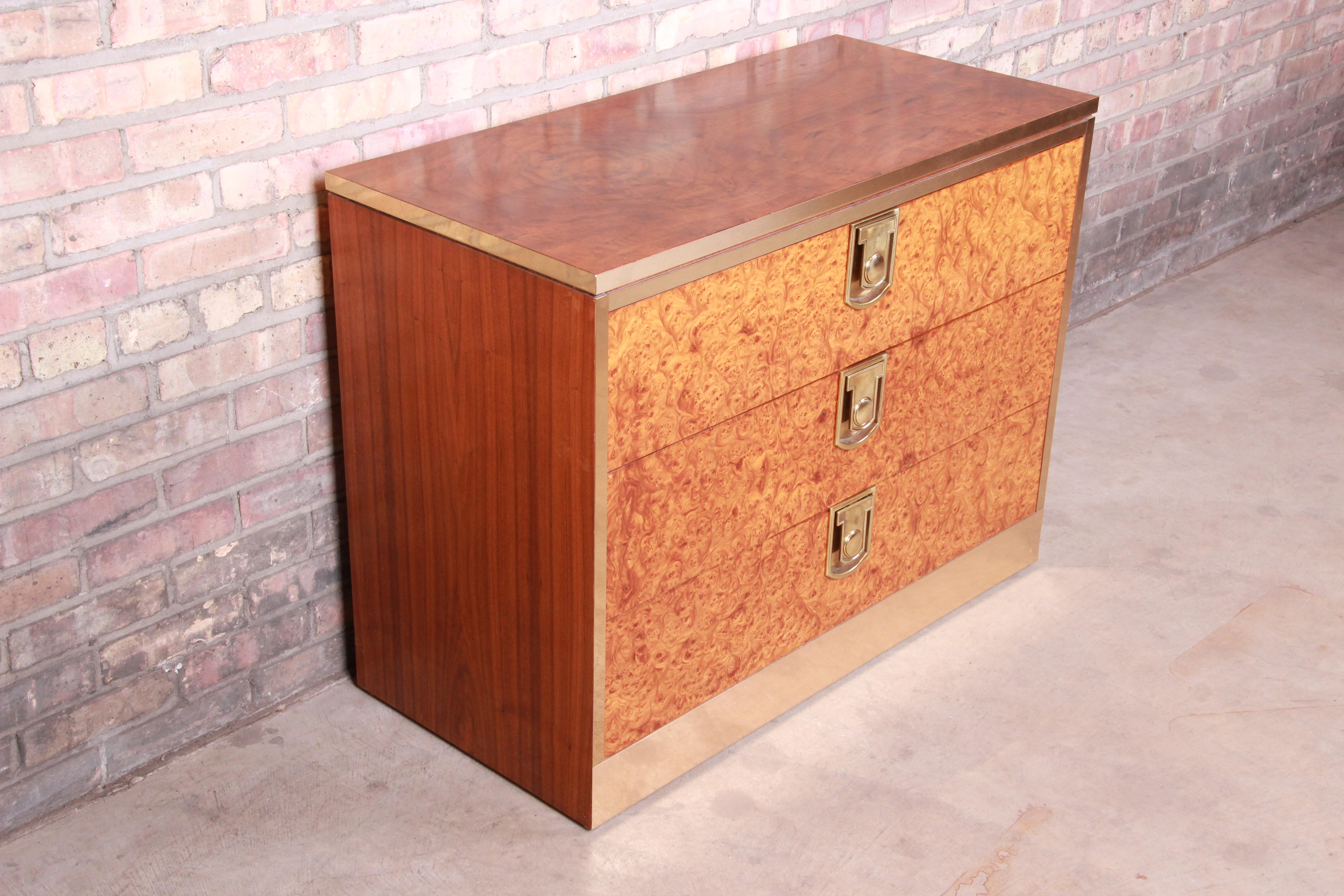 Mastercraft Burl, Rosewood, and Brass Chest of Drawers, circa 1970s In Good Condition In South Bend, IN