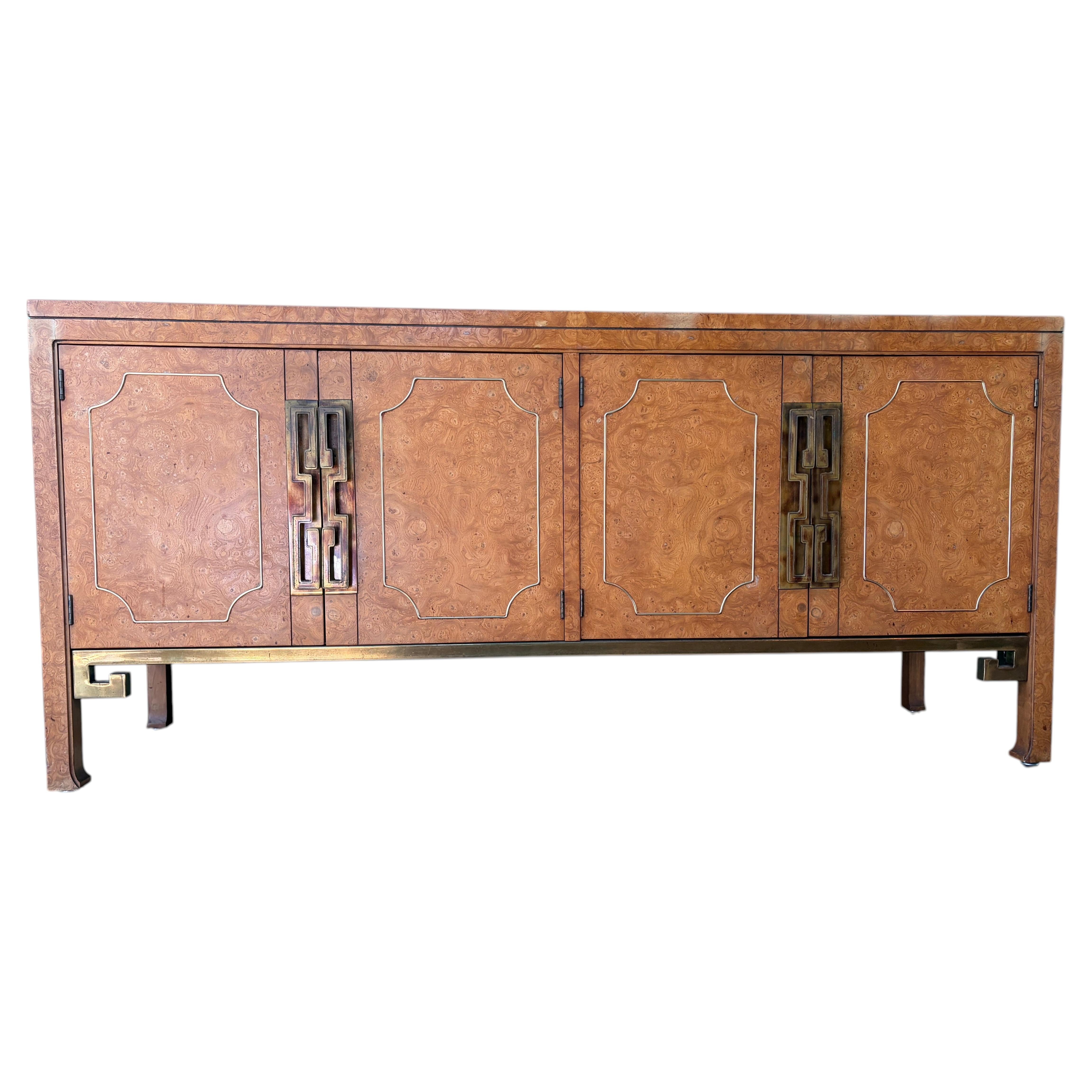 Mastercraft Burl Wood and Brass Greek Key Credenza Sideboard William Doezema For Sale