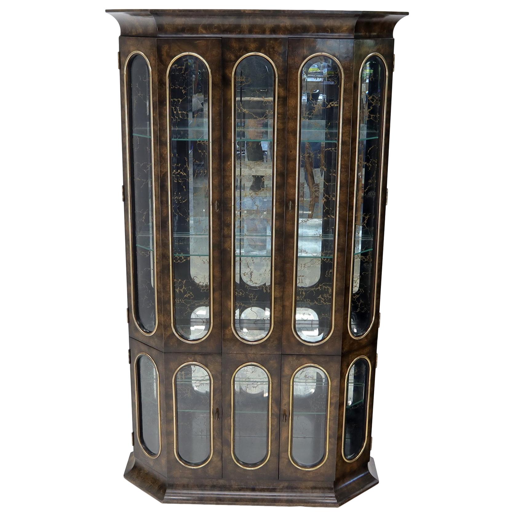 Mastercraft Burl Wood and Glass Curio Display Cabinet Vitrine Étagère Breakfront For Sale