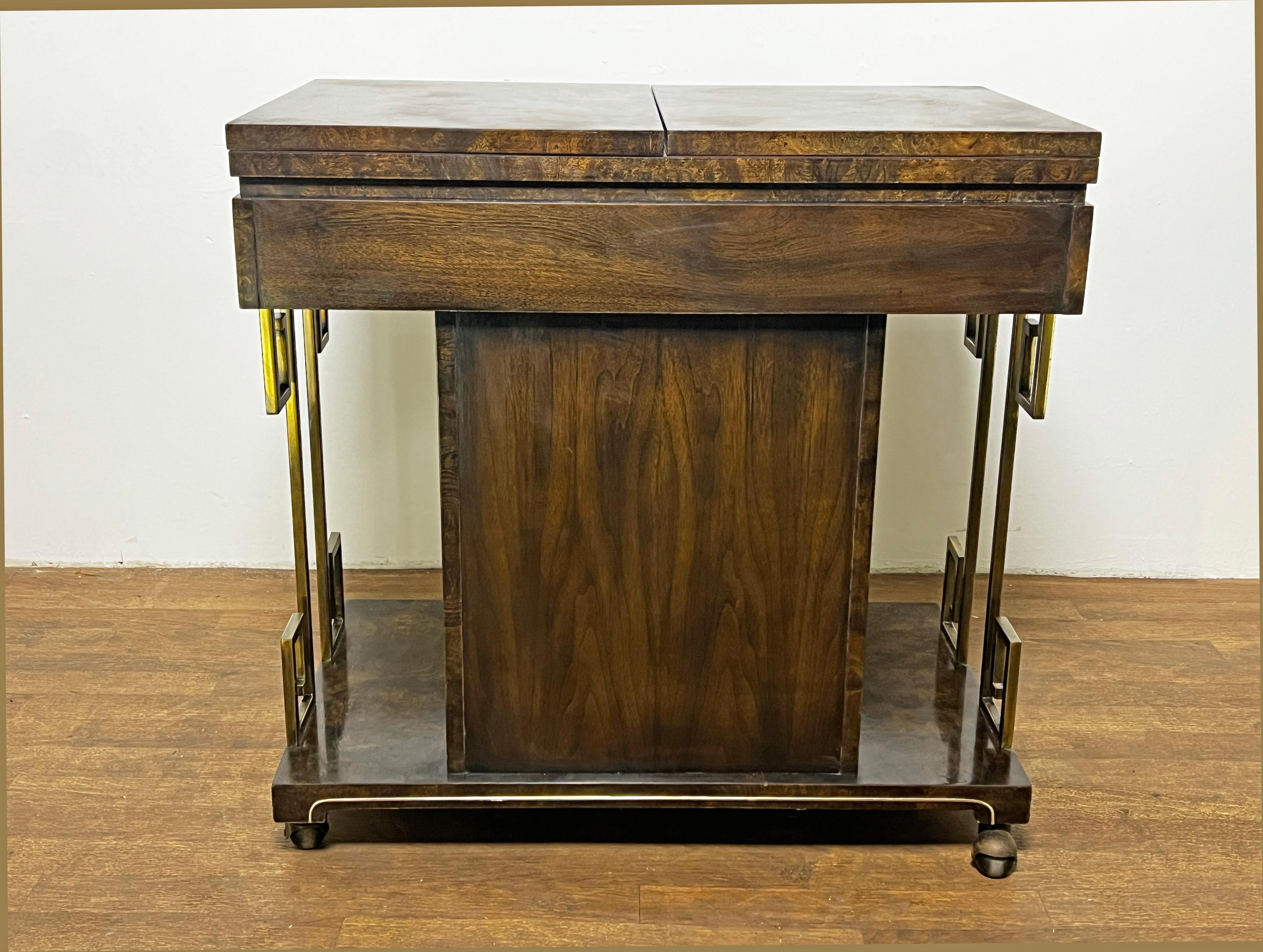 Mastercraft Burl Wood Bar Cart With Brass Greek Key Accents Circa 1960s 5