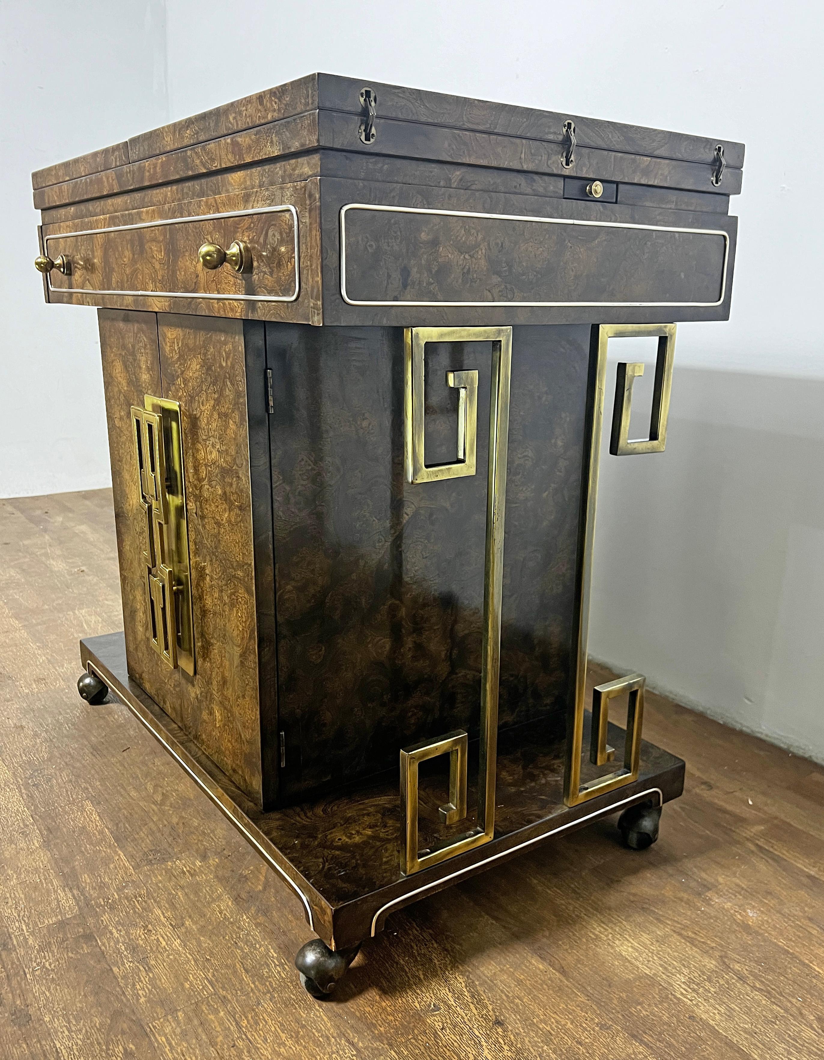 Mid-Century Modern Mastercraft Burl Wood Bar Cart With Brass Greek Key Accents Circa 1960s