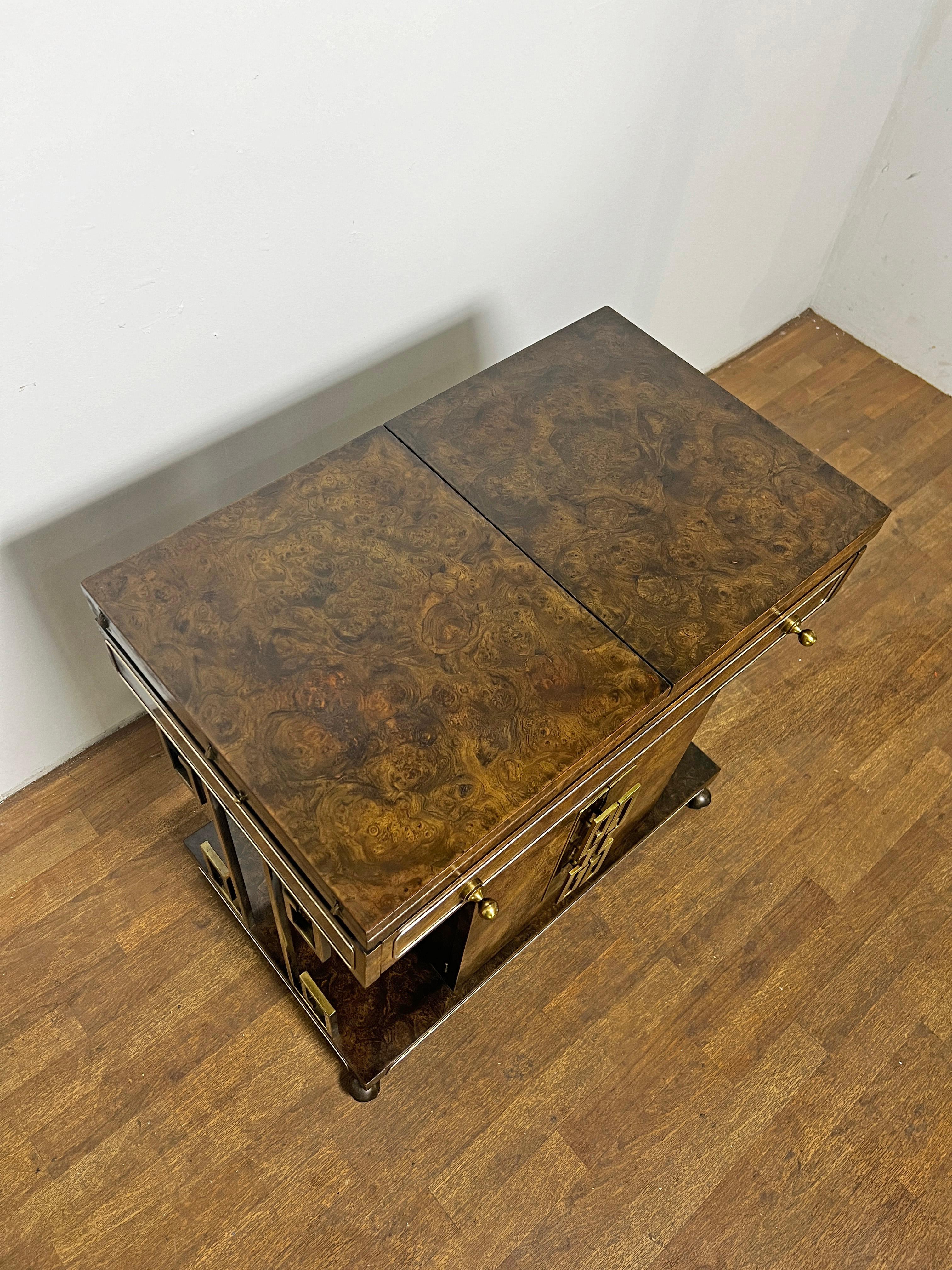 American Mastercraft Burl Wood Bar Cart With Brass Greek Key Accents Circa 1960s