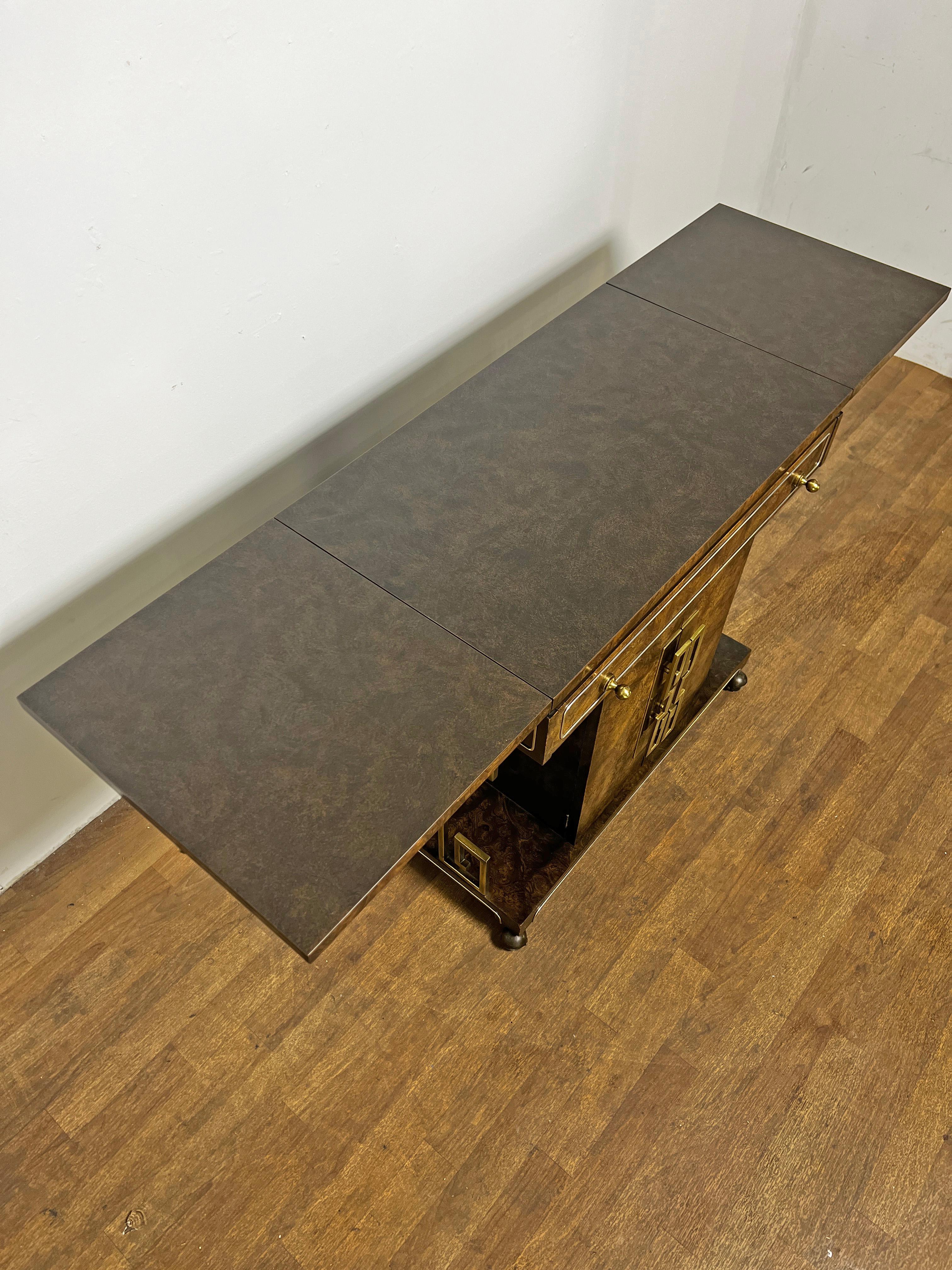 Mid-20th Century Mastercraft Burl Wood Bar Cart With Brass Greek Key Accents Circa 1960s